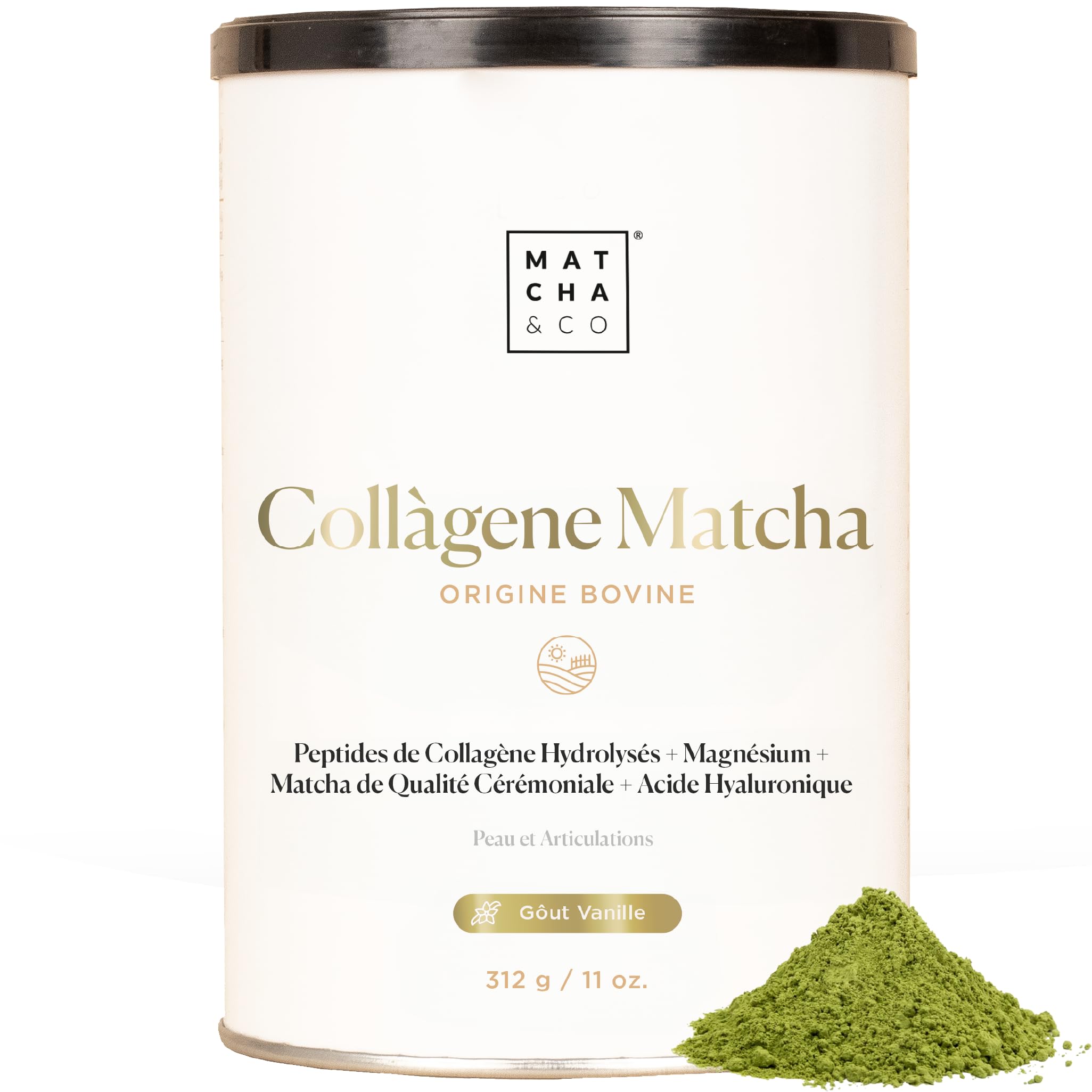 Collagène avec magnésium, thé Matcha et acide hyaluronique. Articulations, peau et ongles. 300 g de poudre de collagène matcha. Sans gluten, sans sucres ajoutés et sans OGM. Gardez votre corps sain