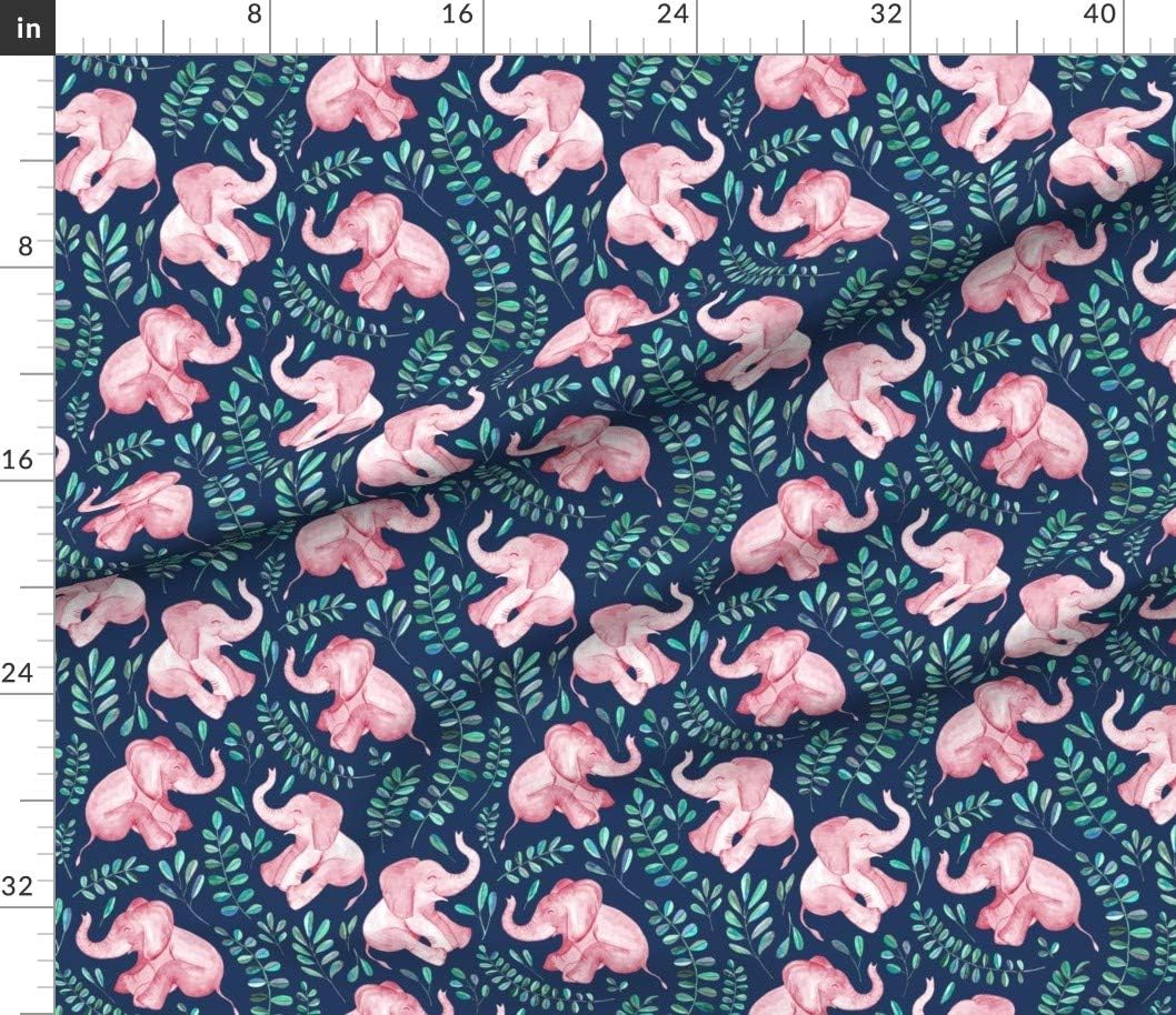 Spoonflower Fabric - Laughing Pink Elephants Navy Large Print Elephant Leaves Cute Printed on Petal Signature Cotton Fabric by The Yard - Sewing Quilting Apparel Crafts Decor