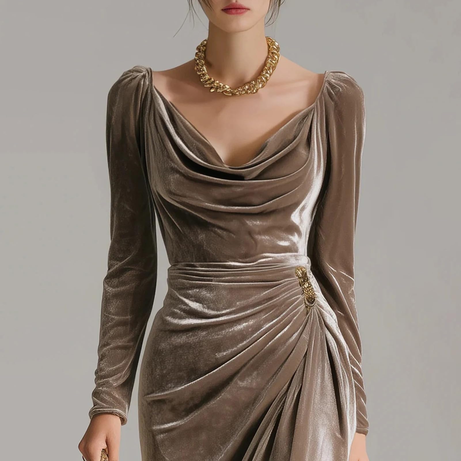 Robe midi en velours pour femme - Col bénitier - Manches longues - Froncée - Moulante - Fente fendue - Robe de soirée formelle - Robe de soirée formelle - Invité de