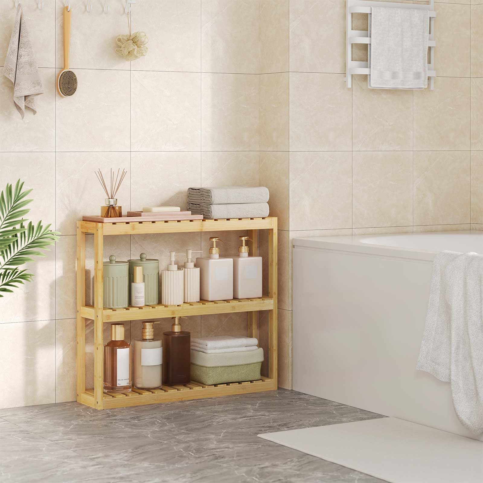 WOLTU Bambus Regal, Hängeregal, Badregal, Wohnzimmerregal, Badezimmerregal stehend, Bücherregal, Schuhregal, verstellbare Ablage, mit 3 Ebenen, 60x54x15 cm, Naturfarbe