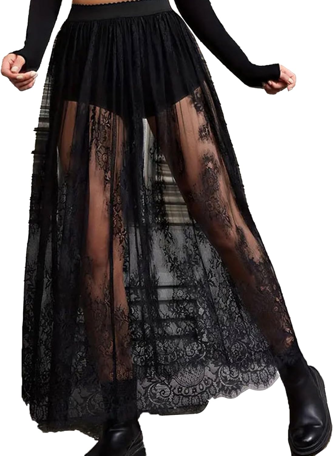 Women's Sheer Lace Maxi Skirt High Waist Sheer Mesh A Line Flowy Long Skirt - Image 3