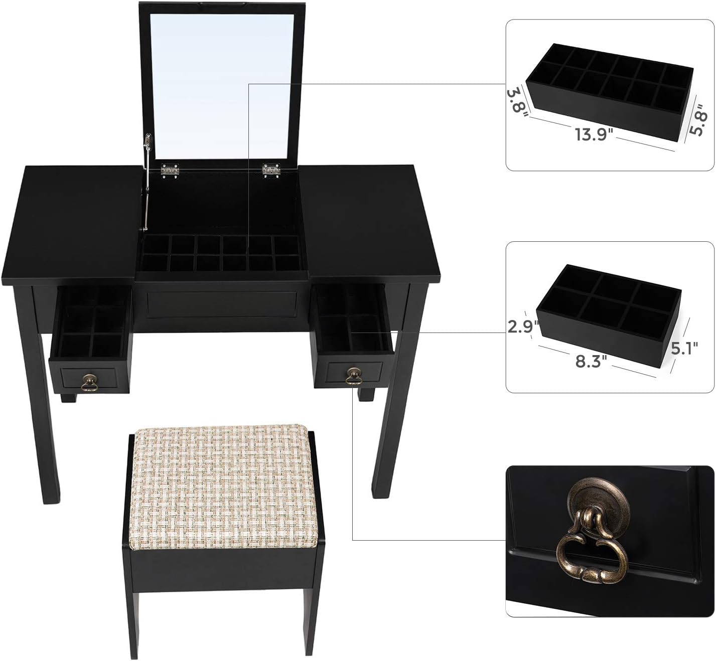 Nga lart view of the vanity with the mirror open, showing the internal storage with removable organizers, and the two side drawers with antique ring pulls. Insets show detailed dimensions of the organizers and the drawer pull.