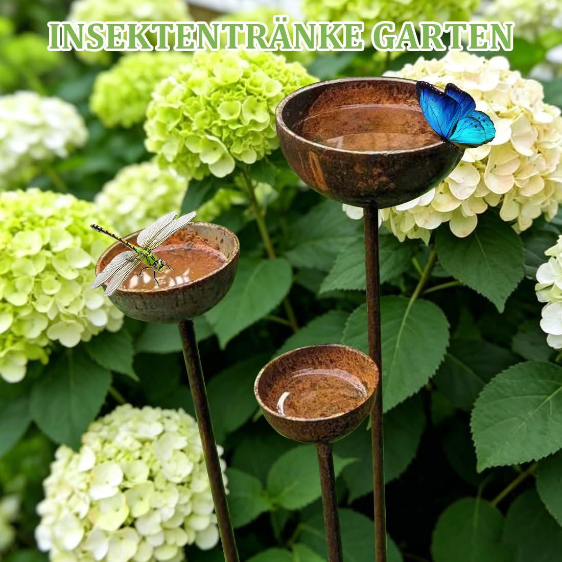 3Stück Regenfänger Gartenstecker Rost, Insektentränke Garten, Wassertränke für Vögel, Bienentränke für den Garten, Wassertränke für Vögel, Metall Gartendeko Rost für Draußen 60cm