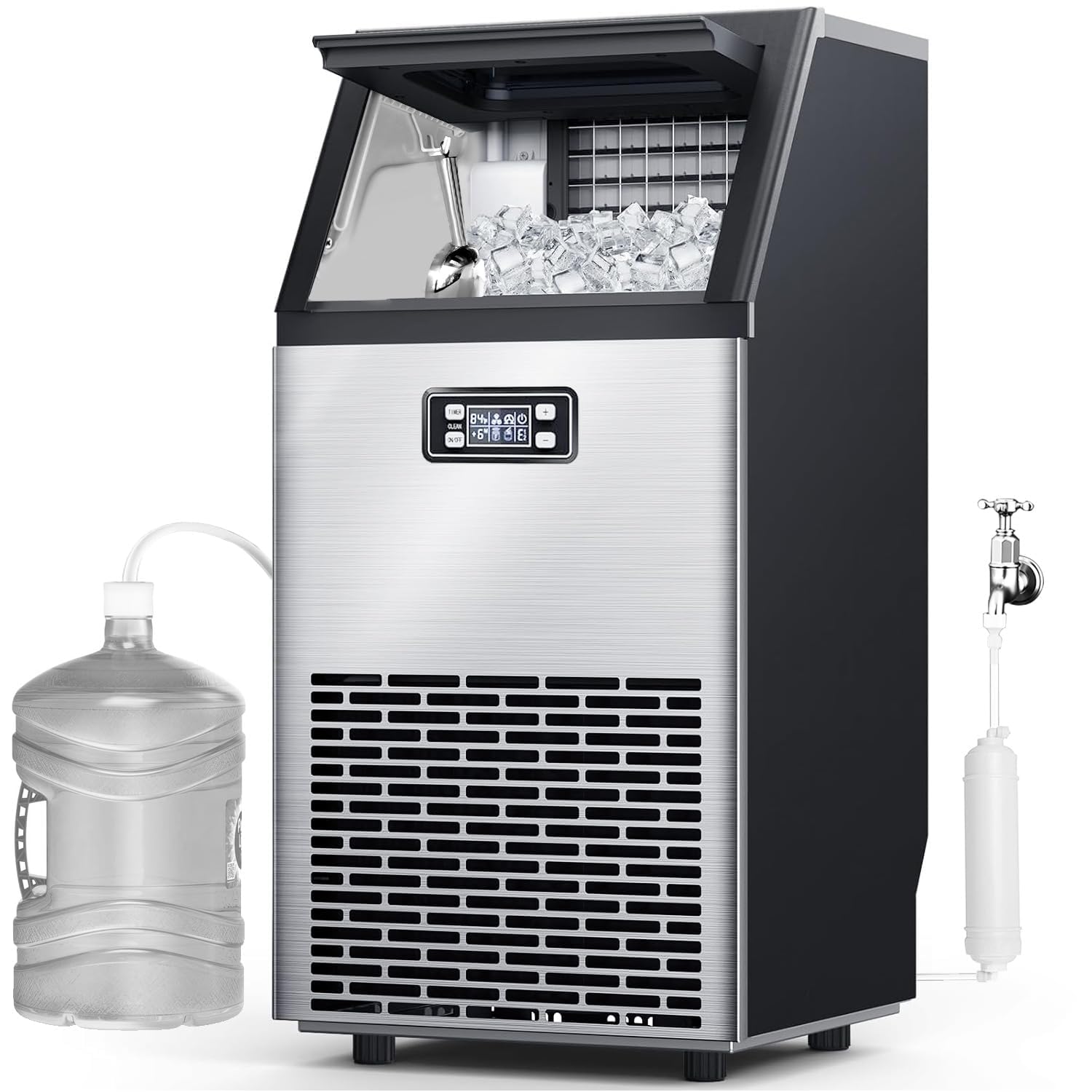 V2.0 Commercial Ice Maker Machine, 100 lbs, Stainless Steel Ice Maker with 2 Way Add Water, Under Counter Ice Machine, Freestanding Ice Maker, 24H Timer,Ice Machine for Home,Bar,Restaurant,RV