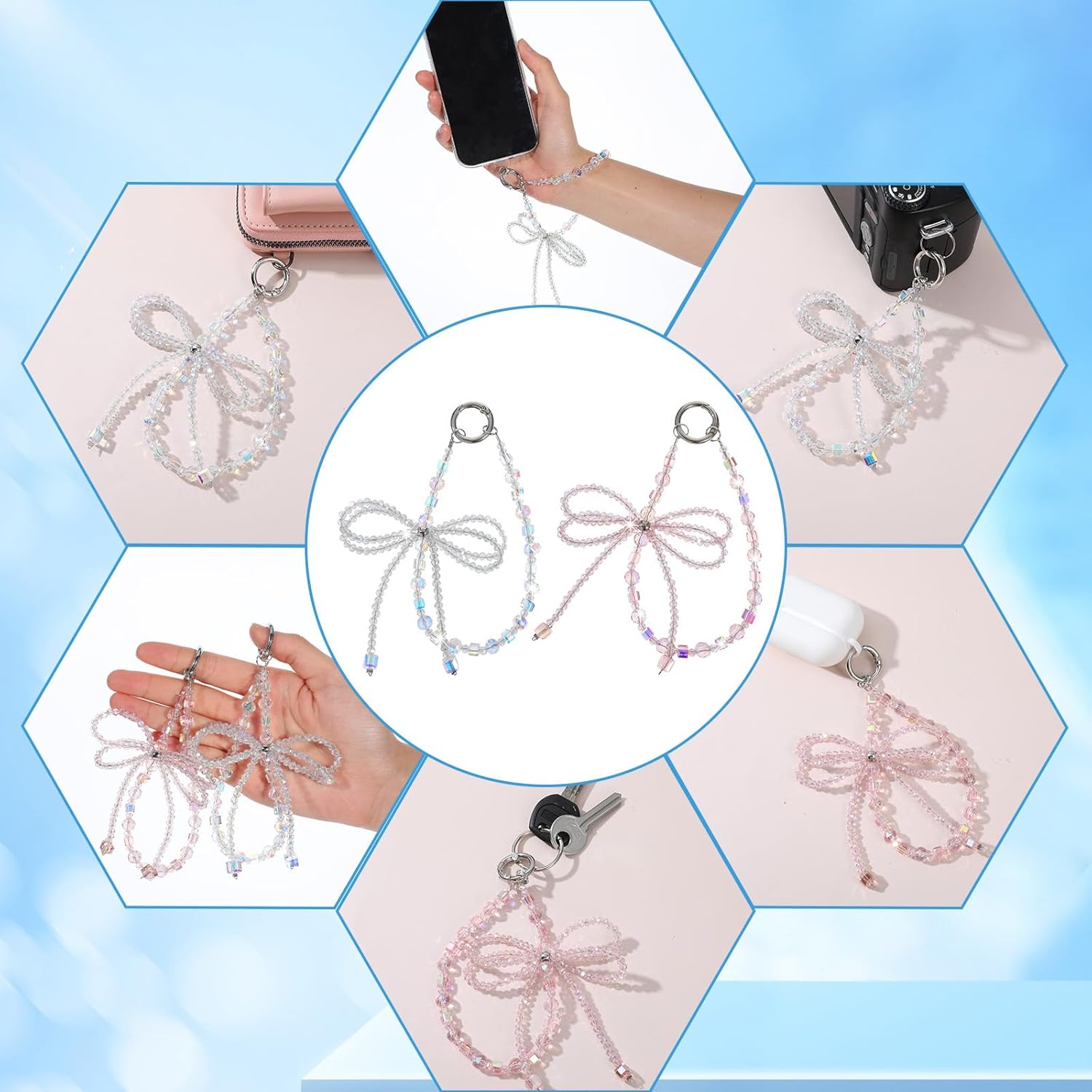 2Pcs Bow Beaded Phone Wrist Strap Sparkling Crystal Cell Phone Charms Cute Phone Chain Lanyard Keychain with Tether Tab for Women (Pink, White) - Image 7