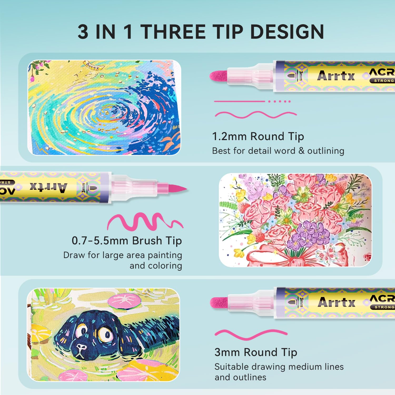 Arrtx 72 Colors Acrylic Paint Pens, 3mm Medium Tip Paint Markers Paint Pens, Non Toxic, Waterbased, Quick Drying for Artists Detailing, Rock Painting, Wood, Canvas, DIY Crafts Making Art Supplies image 2