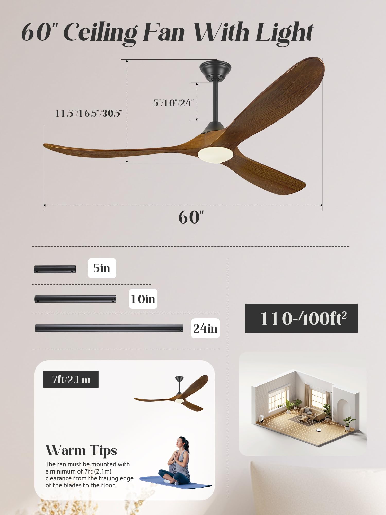 Ventilatore Da Soffitto In Legno Da 152 Cm Con Luce, Ventilatori Da Soffitto Per Interni E Per Esterni Con Motore Cc Reversibile, Ventilatore Da Soffitto Per Grandi Spazi Con Flusso D'Aria