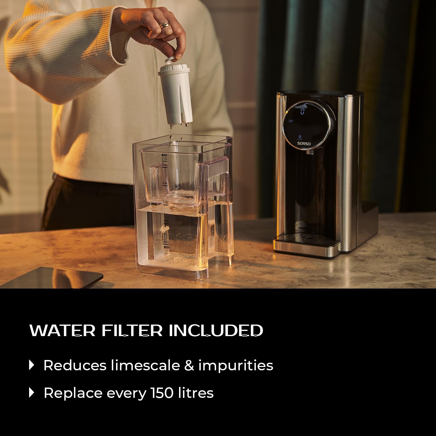 SORSO Flow - Dispenser di acqua calda con regolazione della temperatura, bollitore per tè, purificazione dell'acqua per alimenti per bambini, 2,7 l, 2600 W, 40-100 °C, argento