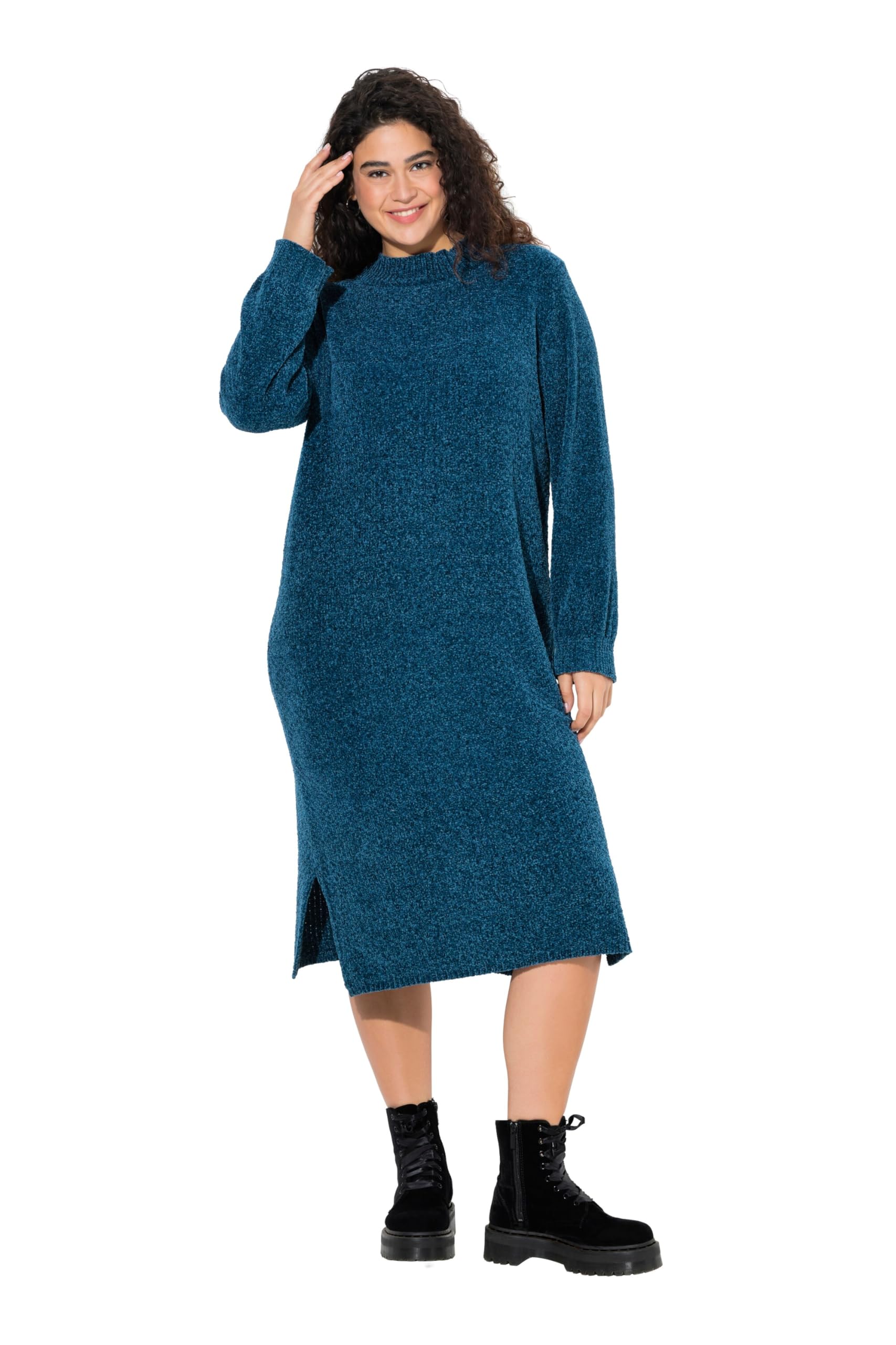 Ulla Popken Damen große Größen Übergrößen Plus Size Chenille-Midikleid, weiter Stehkragen, Langarm 843592