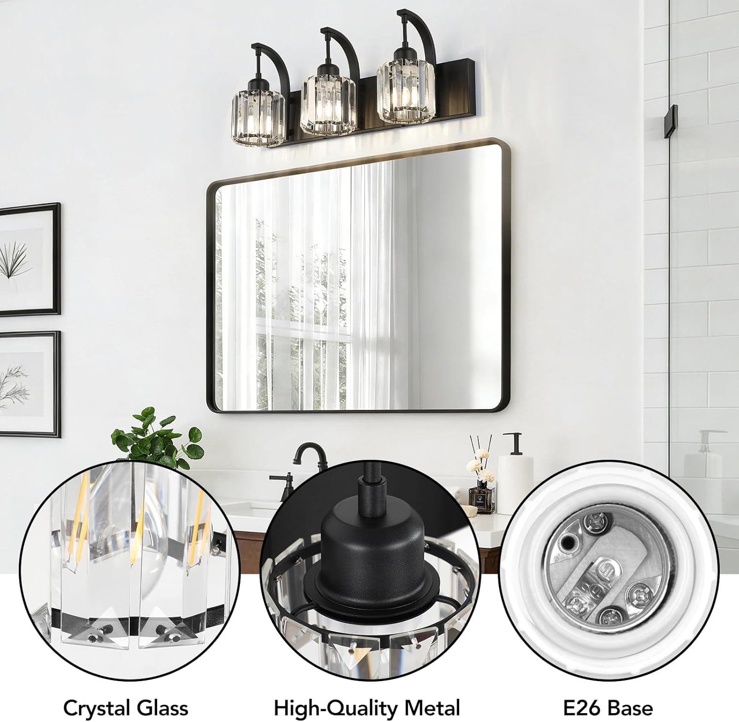 Modern Crystal 3 Light Black Bathroom Vanity Light Wall Light Fixtures with Clear Shades Vanity Lighting Fixtures Over Mirror for Bathroom (Bulbs Not Included)