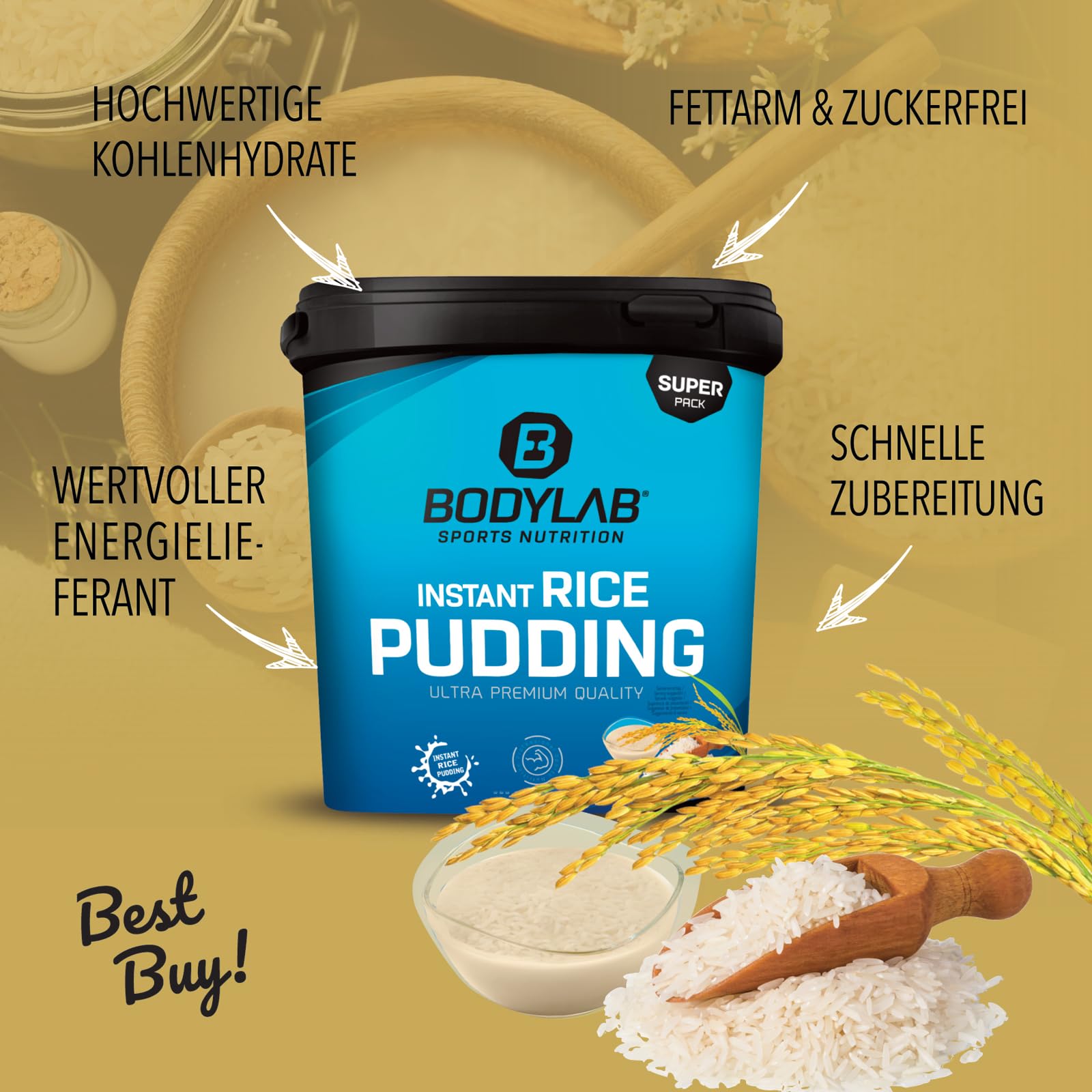 Bodylab24 Instant Rice Pudding 3kg, à base de farine de riz à 100%, sans autre additif, l'apport rapide et délicieux en glucides pour la prise de masse ou avant l'entraînement, goût neutre