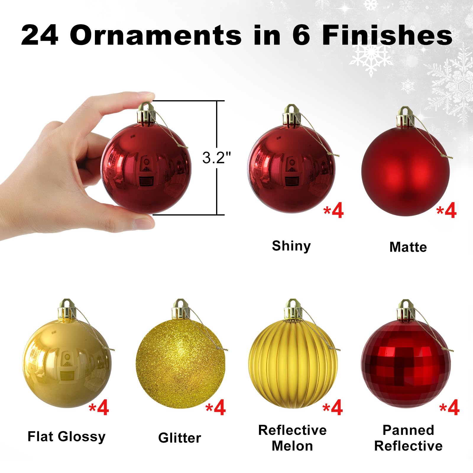 Lot de 24 grandes boules de Noël incassables à suspendre pour anniversaire, Halloween, vacances, mariage (rouge et doré) - 8,1 cm
