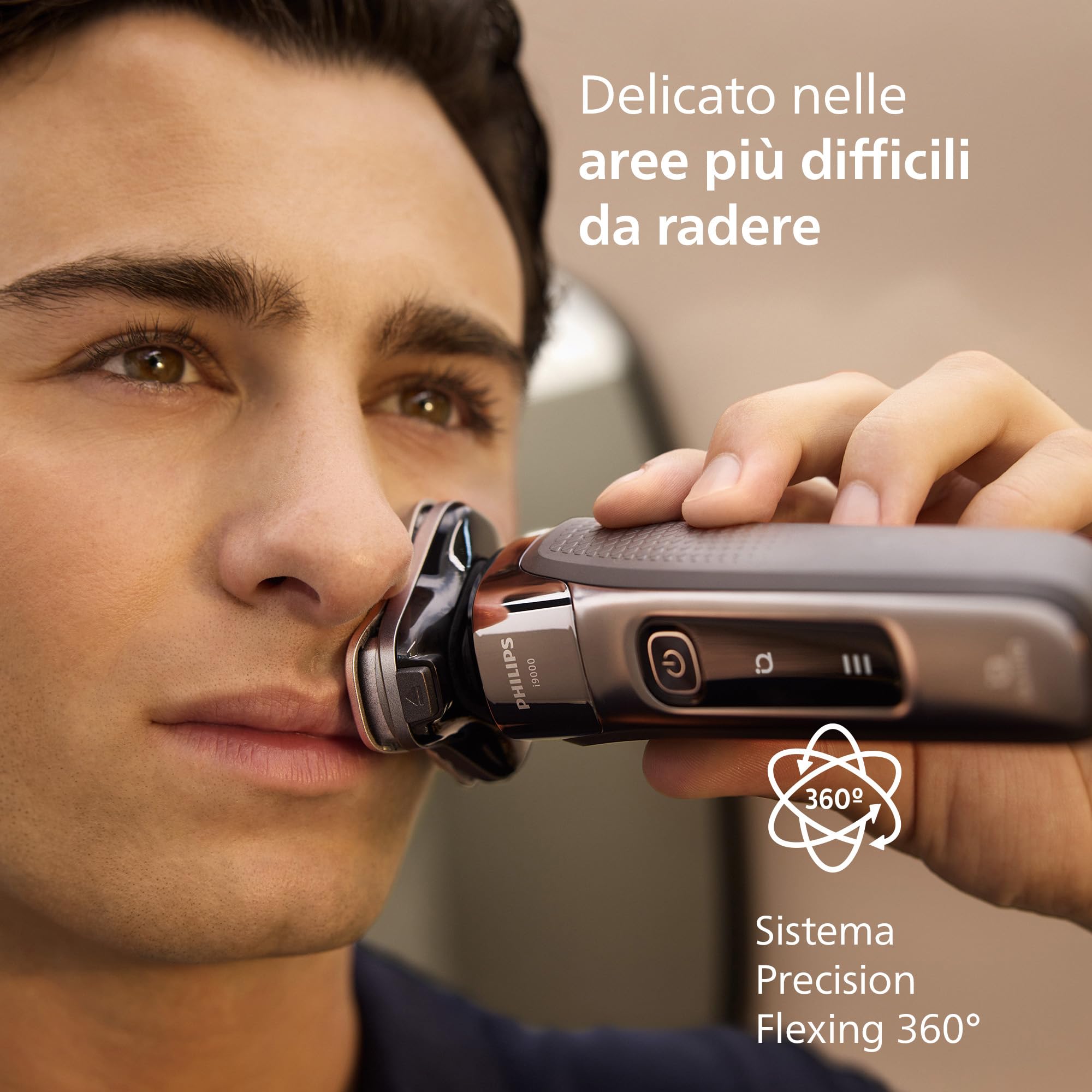 Philips Shaver i9000, rasoio elettrico Wet & Dry, con tecnologia Skin IQ, triplo sistema di sollevamento e taglio, doppie lame di precisione SteelPrecision rotanti a 360°, modello X9002/30