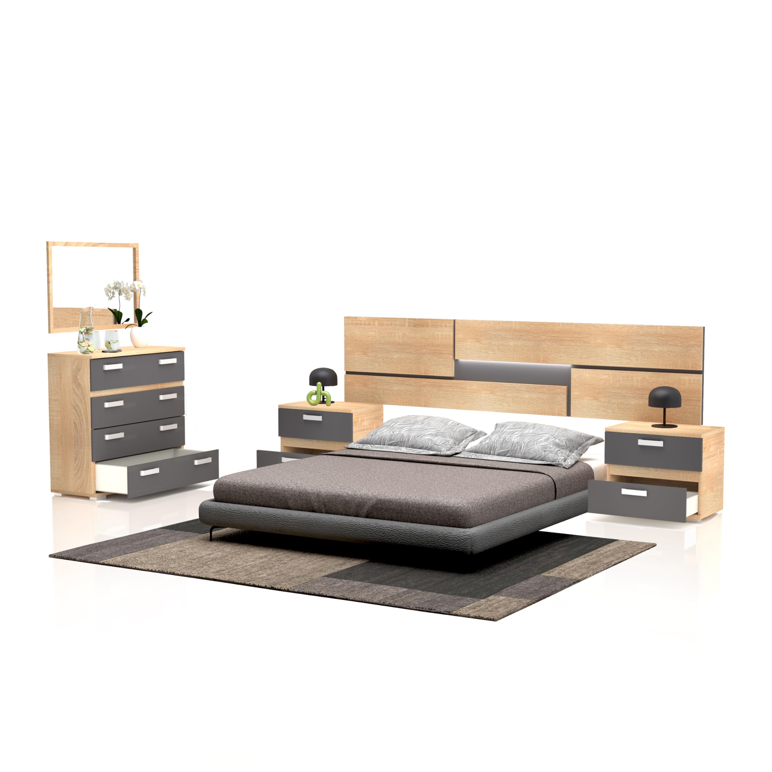 duehome Pack de Dormitorio con Cabecero + 2 mesitas de Noche + Comoda y Espejo, Conjunto de Dormitorio, Dormitorio Completo, Modelo Ataneq Pure 4c, Acabado en Cambria y Grafito, Grande