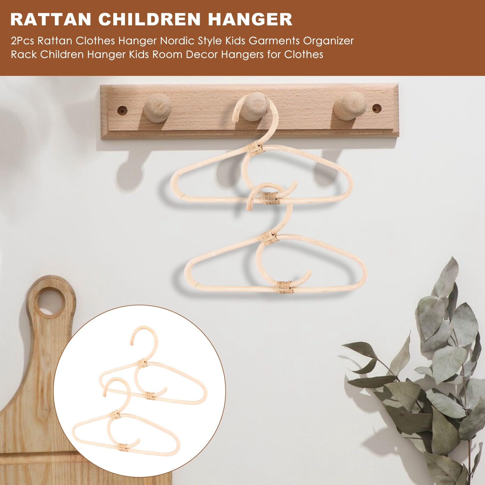 Pasuihcay 2Pcs Rattan Clothes Hanger Nordic Style Kids Garments Organizer Rack Children Hanger Kids Room Decor Hangers for Clothes