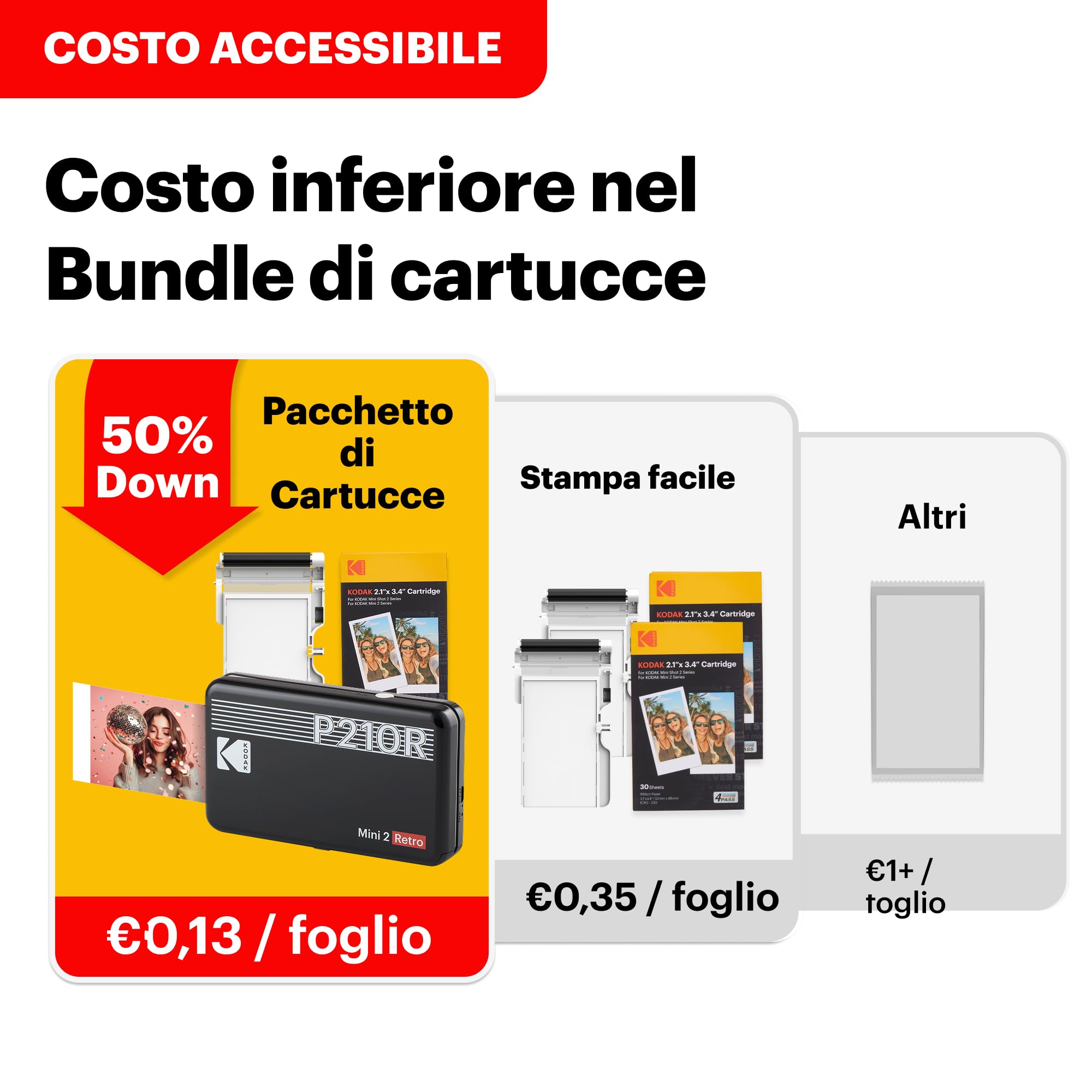 KODAK Mini 2 Retro 4PASS Stampante Fotografica Portatile (5.3x8.6cm) + Pacchetto con 38 Fogli, Bianco