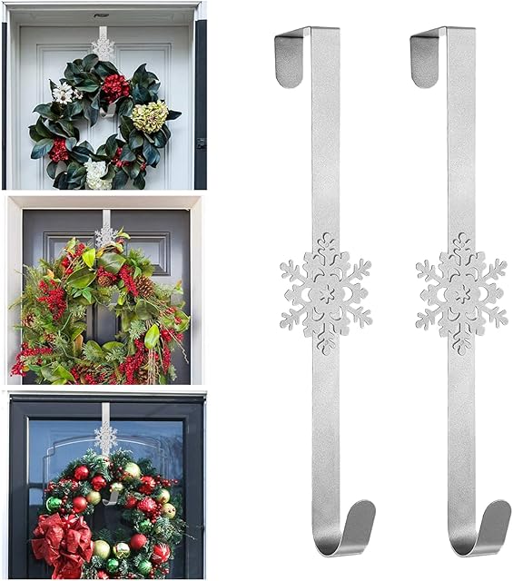 2Pcs Christmas Snowflake Wreath Door Hanger, 15in Metal Wreath Reef Door Hanger Hook Snowflake Decor Hook for Xmas Party Decor Door Wall Home Office (Silver)