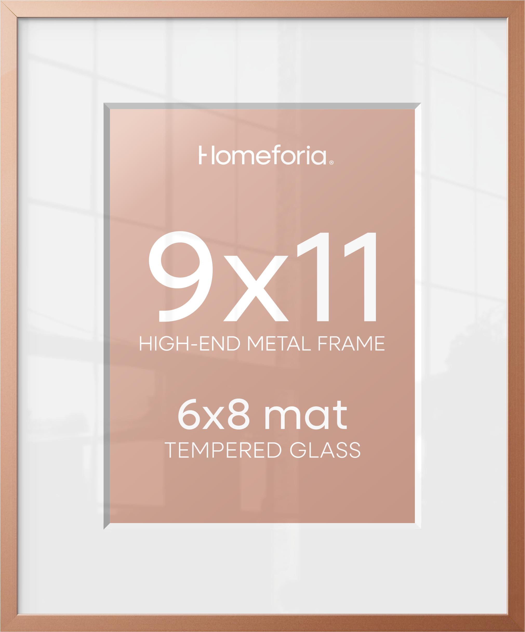 Homeforia 9x11 Rose Picture Frame, High-End Metal, 6x8 Mat, Glass | High End Aluminum, Tempered Glass, Acid-Free 6x8 Removable Mat, 9x11 in Edge-to-Edge Display 11x9, Wall Kit, Set Of 1