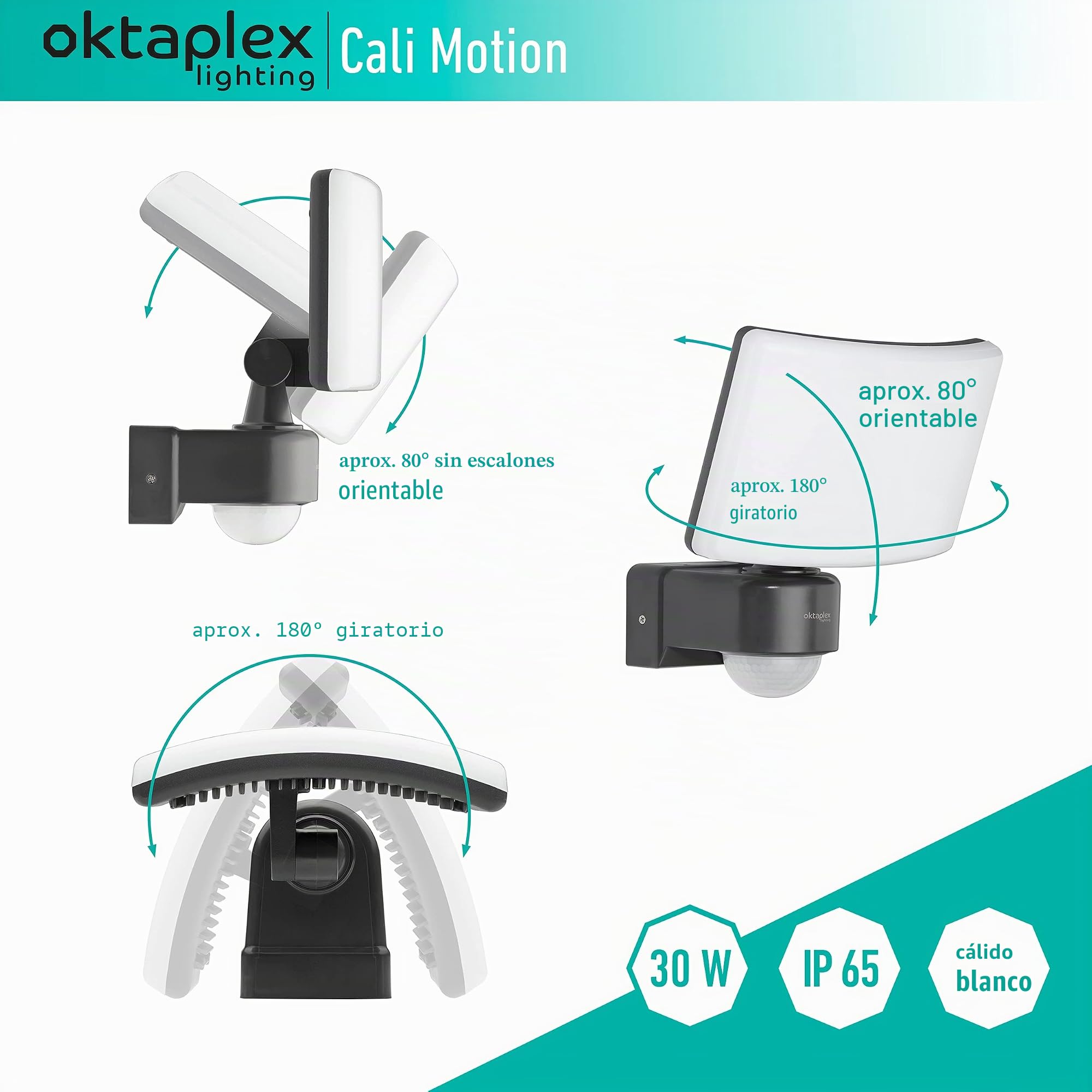 Oktaplex Foco LED Para Exteriores con Detector de Movimiento 30W 3000K 2200lm IP65 Versión Master Luz Exterior de Pared Antracita