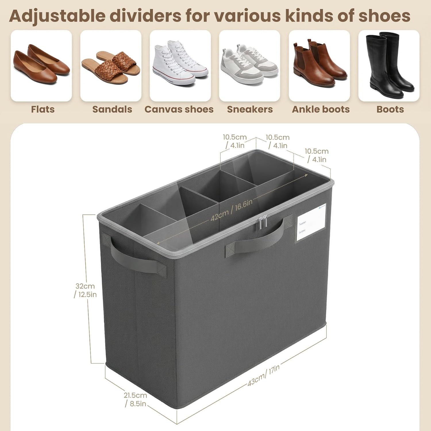 Varhomax Shoe Organizer Box for Closet, Small Fabric Shoe Storage Bin with Adjustable Dividers & Clear Cover, Saving Space Sneakers & Sandals Containers for Entryway, Cubby - Gray 3 Pack