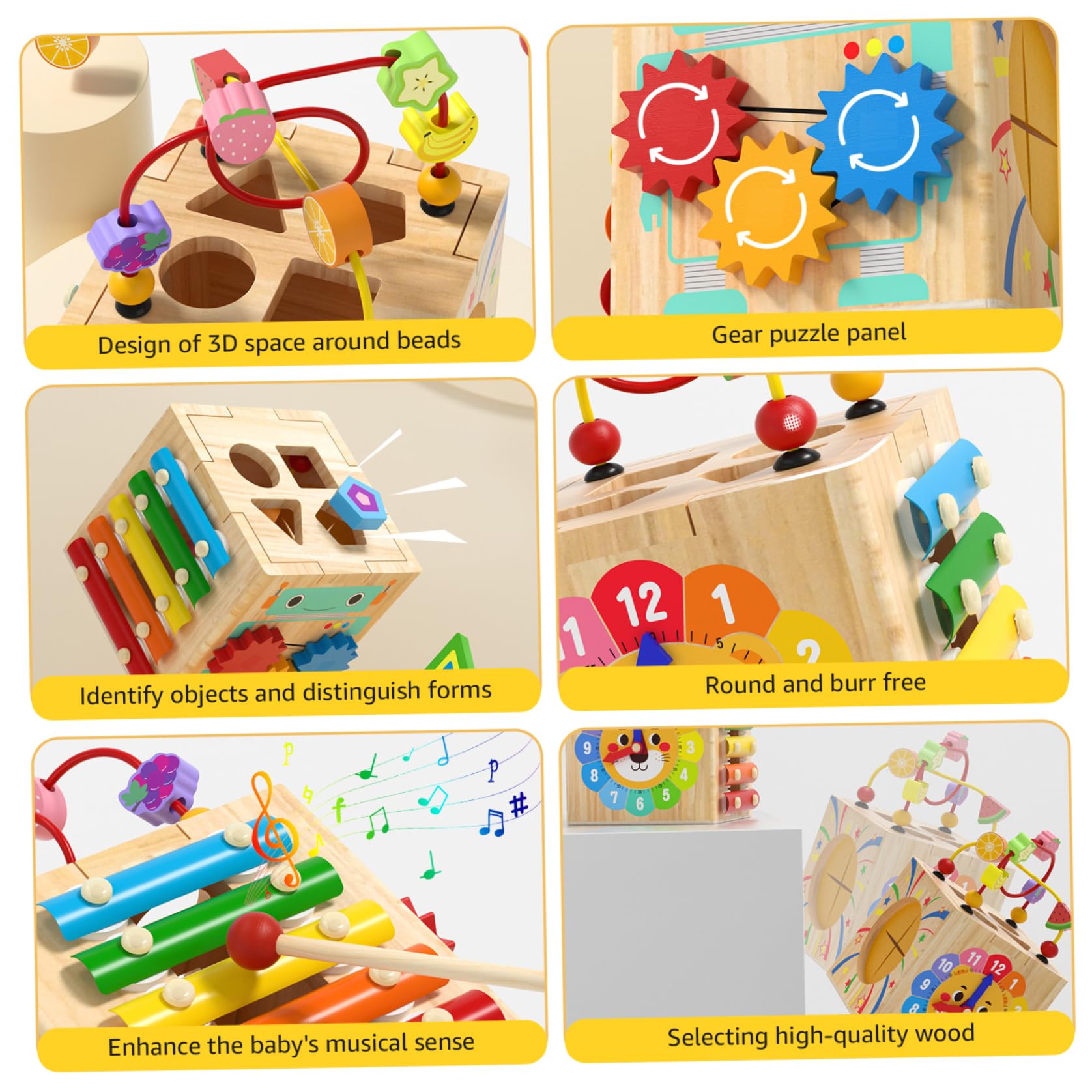 Juguetes de cubo de actividades de madera, 1 juego 6 en 1, cubo de actividades multifuncional para bebés, juguetes sensoriales educativos y de aprendizaje para niños para vacaciones y cumpleaños