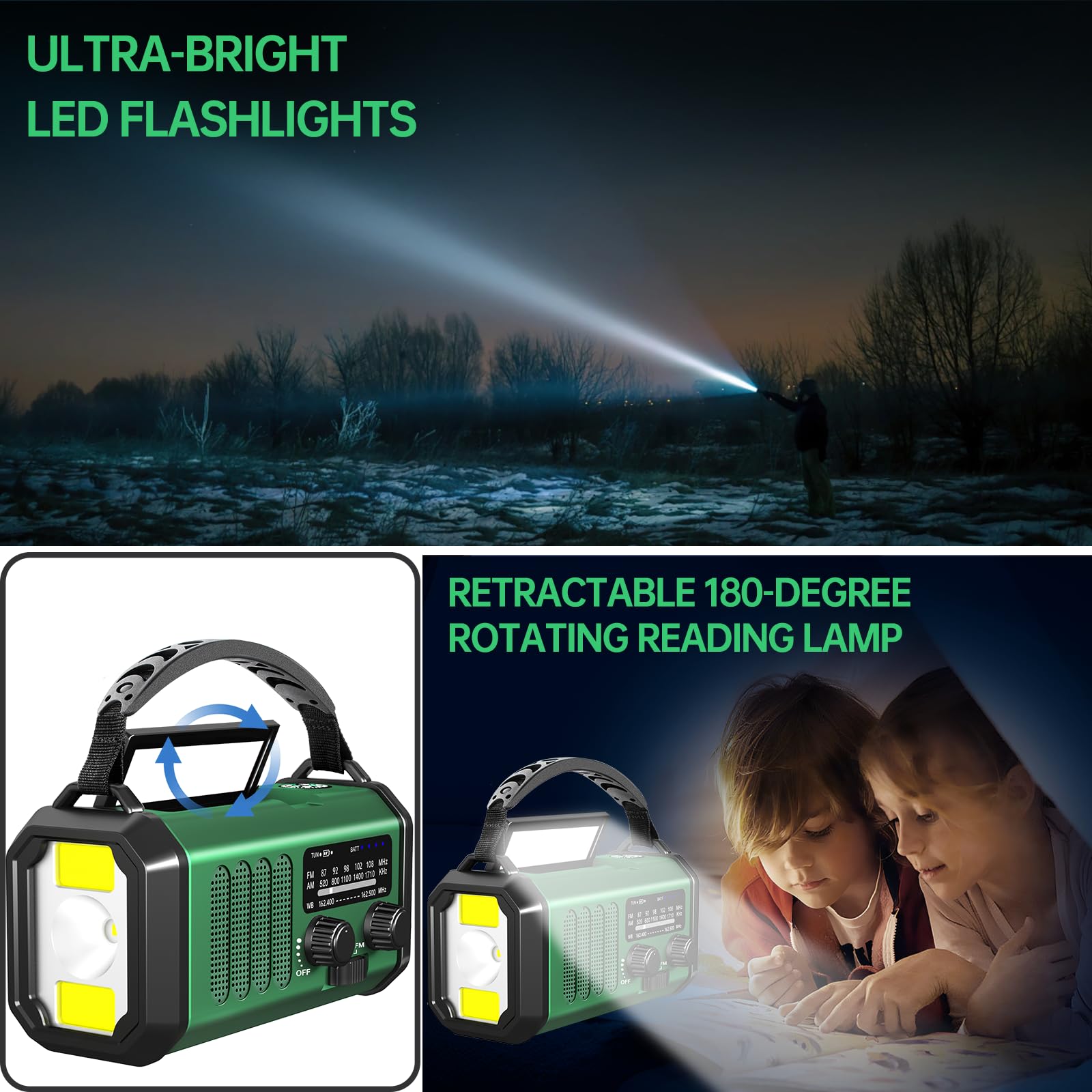 Radio d'urgence à manivelle solaire, radio météo AM/FM/NOAA intégrée 20 000 mAh, chargeur de type C, lampe de poche, lampe de lecture, SOS, compacte et portable pour camping/situations