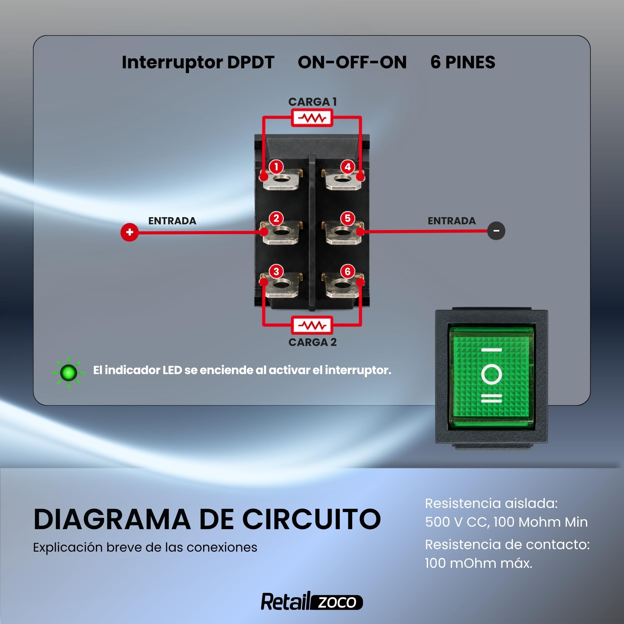 Interruptor Basculante DPDT ON/OFF/ON 6 pin, 1 Unidad - imagen 3
