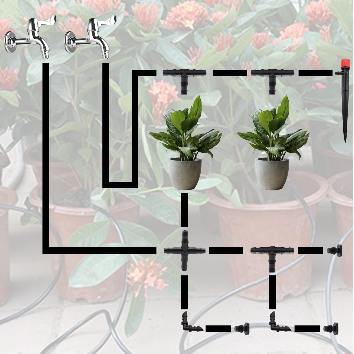 Kit sistema di irrigazione a goccia da 30 m, sistema di irrigazione automatico per serra, cortile, prato con tubo di distribuzione da 1/4", emettitori di goccia regolabili, connettori spinato