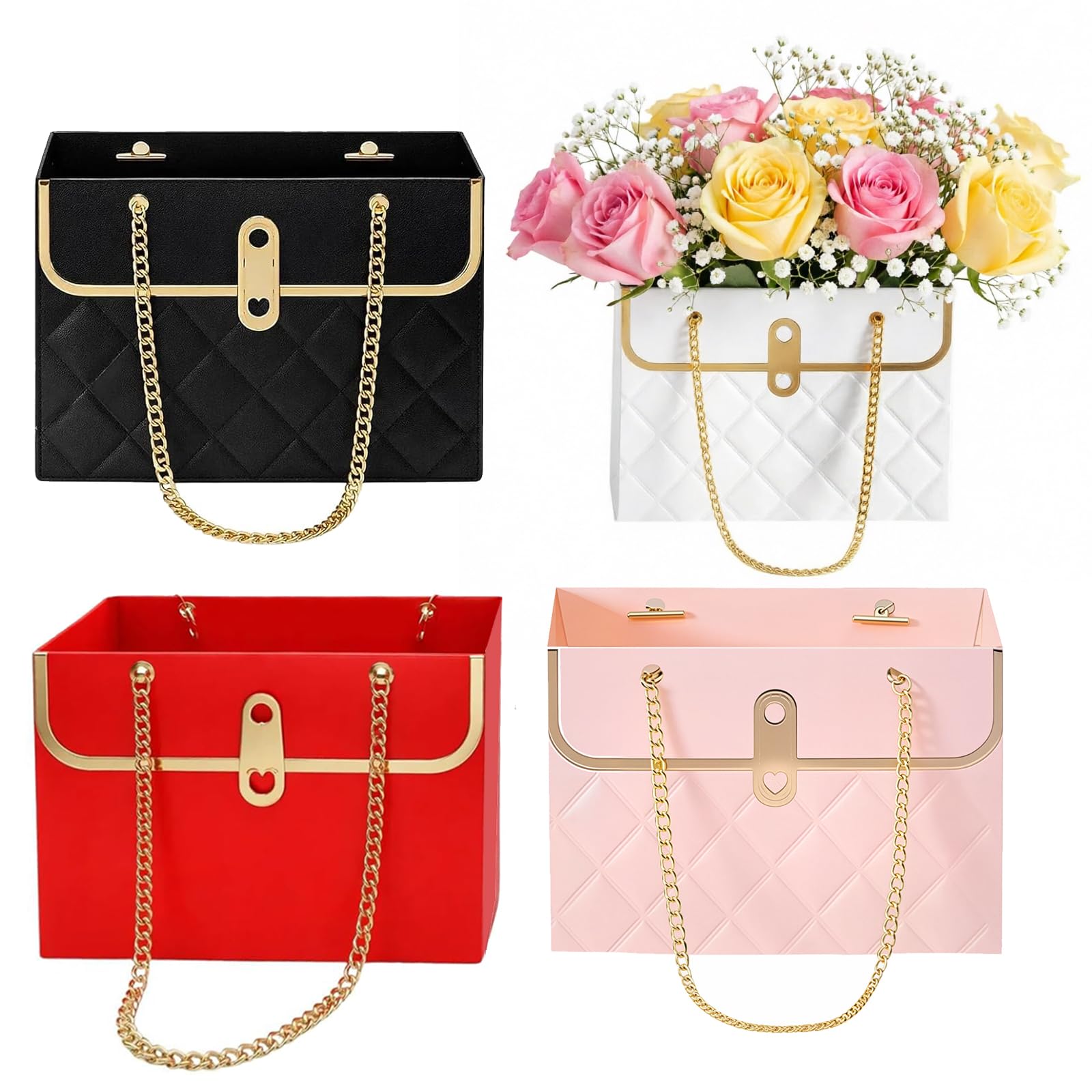 4Pcs Flower Boxes for Bouquets, Embossed Diamond Pattern Floral Gift Bag, Floral Arrangement Packaging Set with Metal Chain Handle, Bouquet Box for Wedding Birthday Valentine's Day Mother's Day