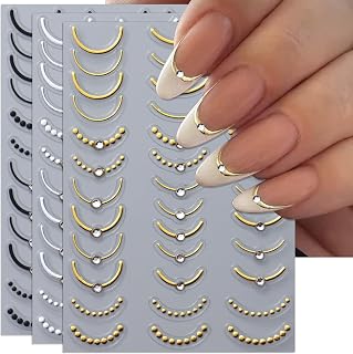Rhinestone Studded French Line Nail Art Stickers - 3 Colors Gold Sliver Black Crystal Diamond Self-Adhesive Curved Stripes Nail Decals, French Tips Guides for DIY Manicure (3 Sheets)
