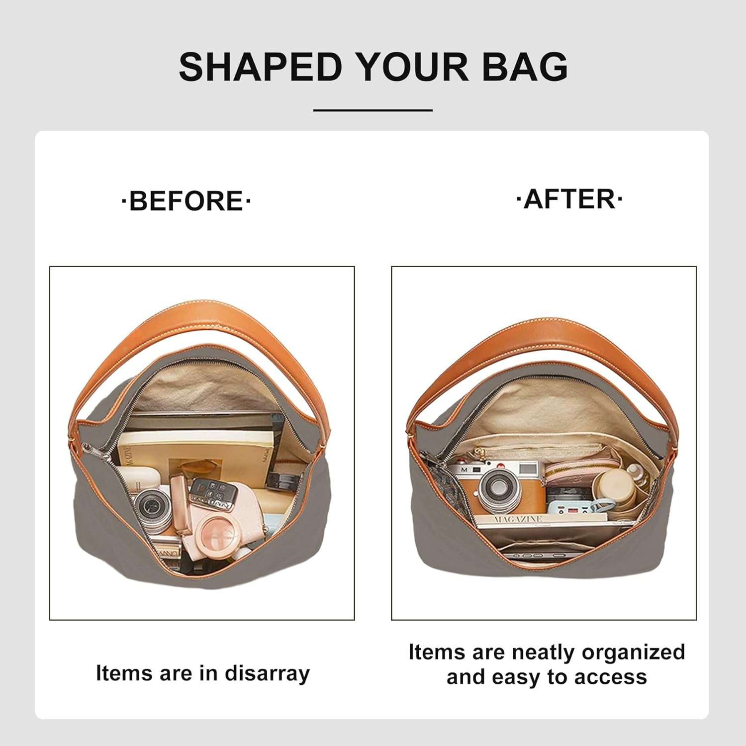 Ultra-Light Purse Organizer Insert Compatible with Goyard Hobo, Water-Resistant Dupont Paper Hobo Insert, 4 Pockets & Elastic Water Bottle Holder Handbag Storage Divider with YKK Zipper - Image 5