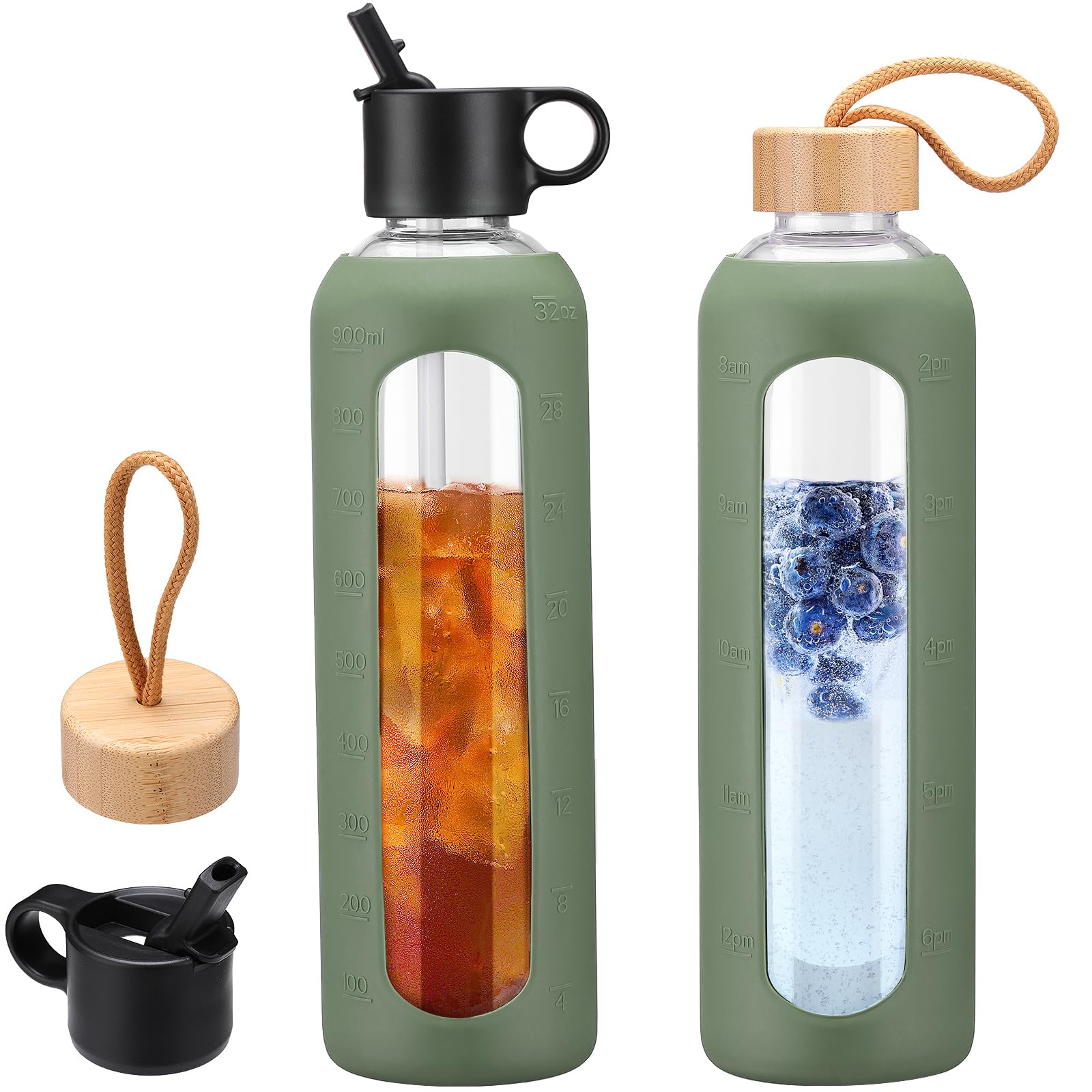 32oz Glass Water Bottle With 2 Lids-, Glass Tumbler With Silicone Sleeve, Drinking Bottles With Motivational Time Marker,1 Pack-Olive