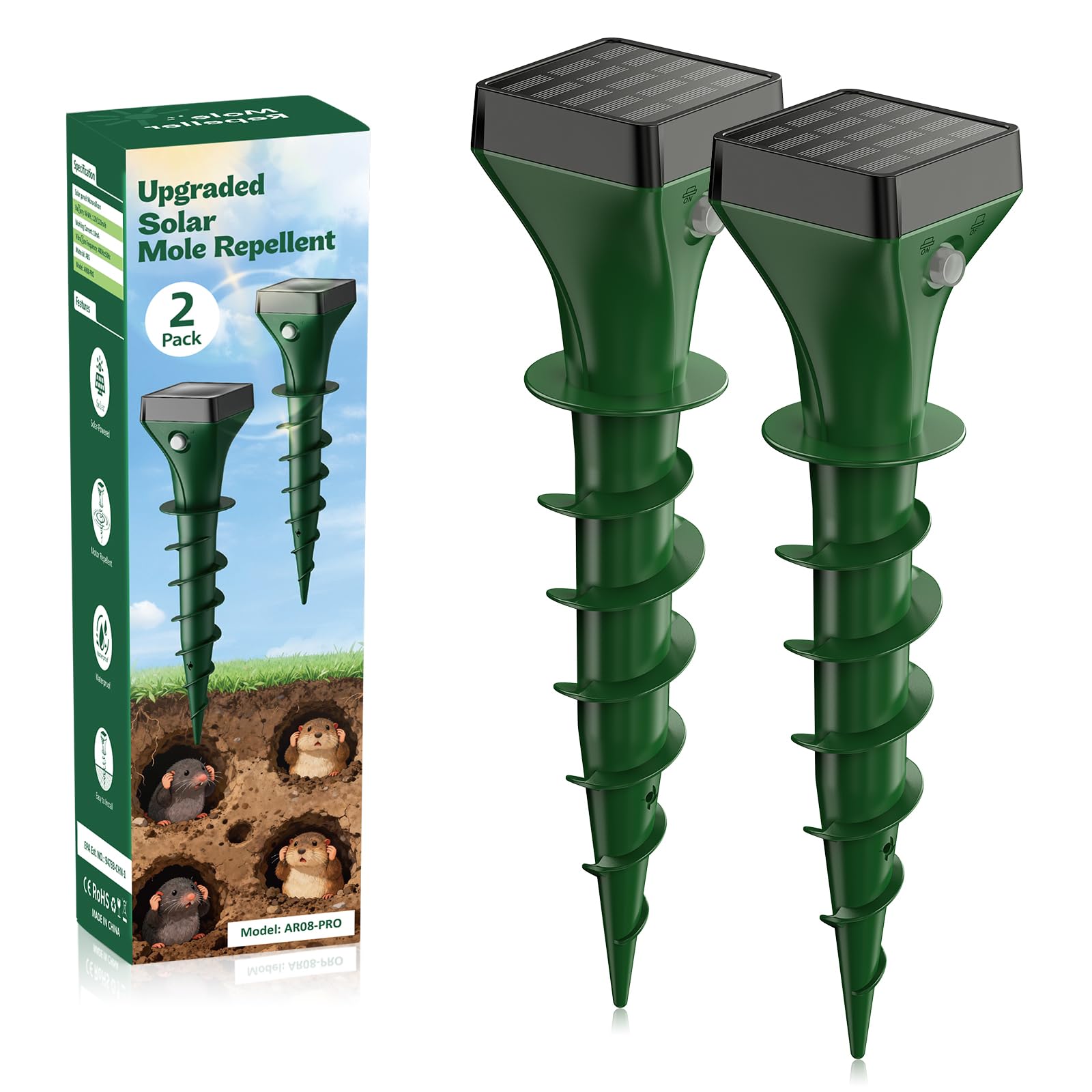 Anti Taupe Solaire, 2 Pièces Répulsif Taupe Vibration et Ultrasons, Efficace Contre Les Taupes, Les Campagnols, Les Souris, Les Serpent, Ainsi Que Les Rongeurs de Jardin-Vert