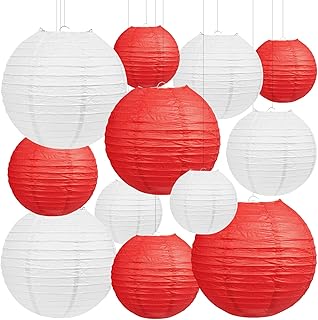 12Pcs Red and White Round Paper Lanterns Assorted Sizes (6" 8" 10" 12") for Lunar New Year 2026, Chinese New Year Decorati...