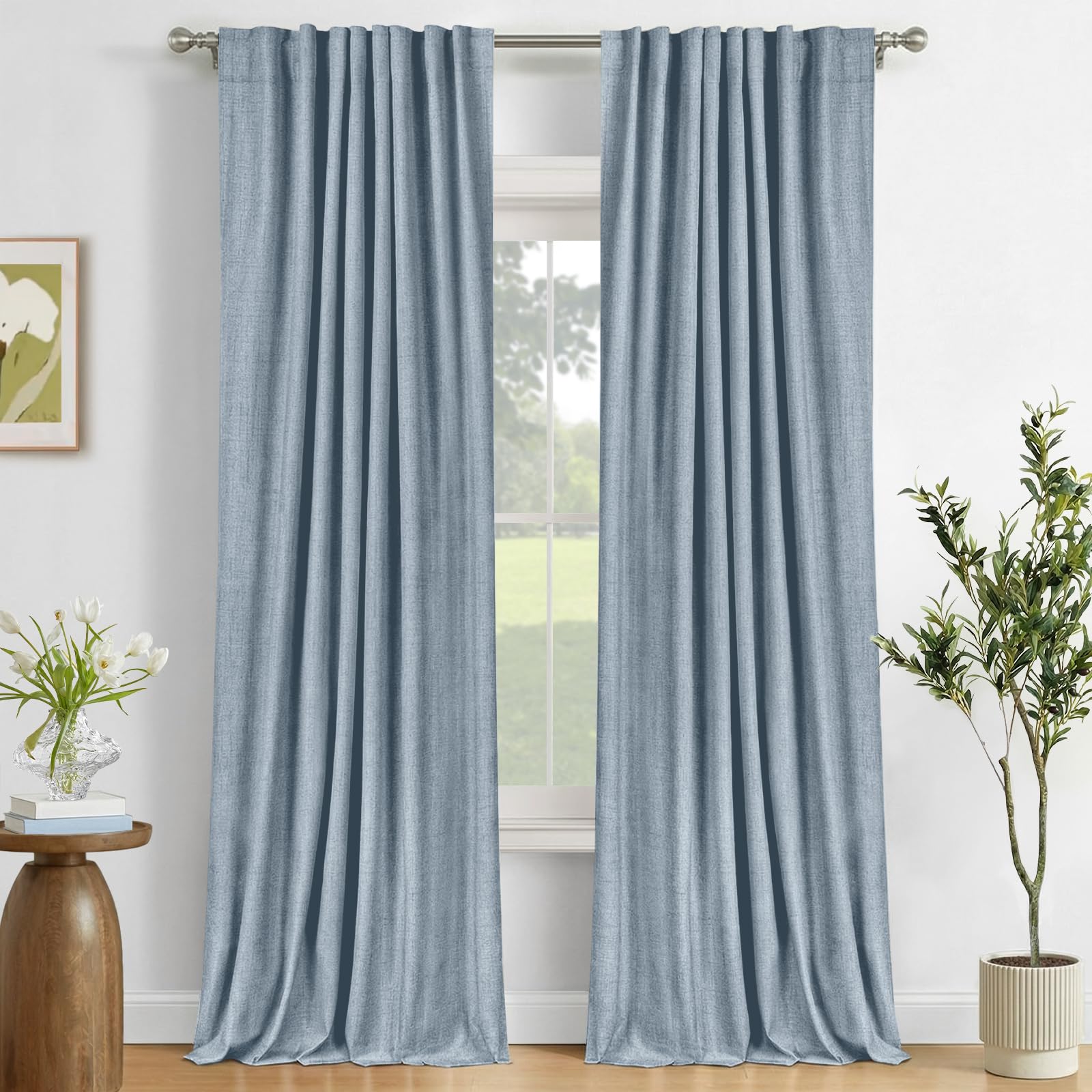 Faux Linen Total Blackout Curtains for Bedroom 96 Inches Long, Dusty Blue