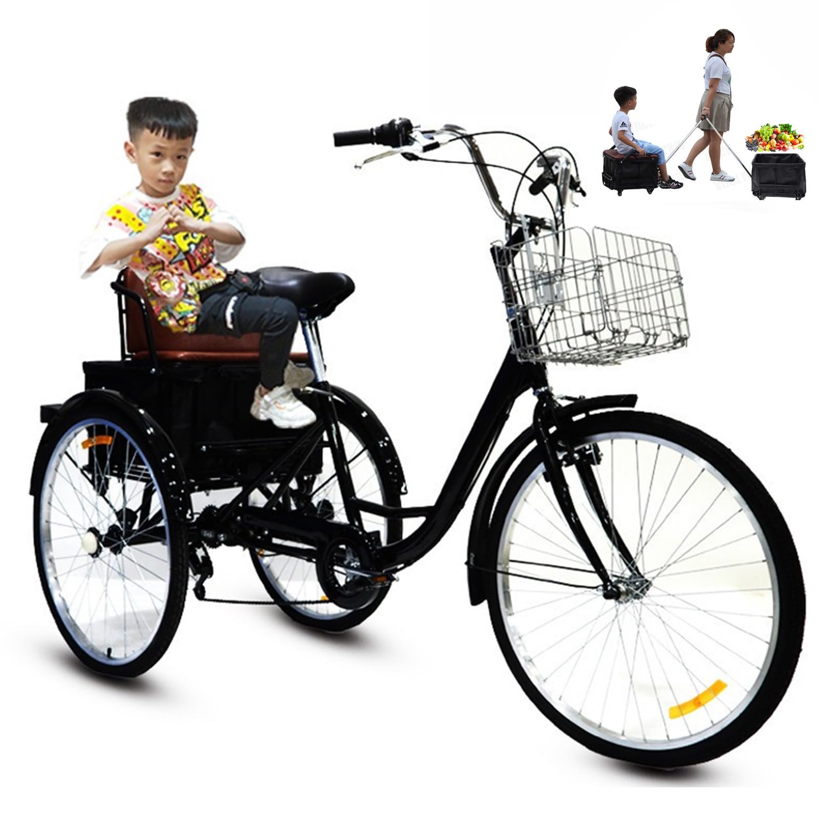 Triciclo cargo per adulti da 24 pollici con 7 velocità, ideale per lo shopping e per attività all'aperto.