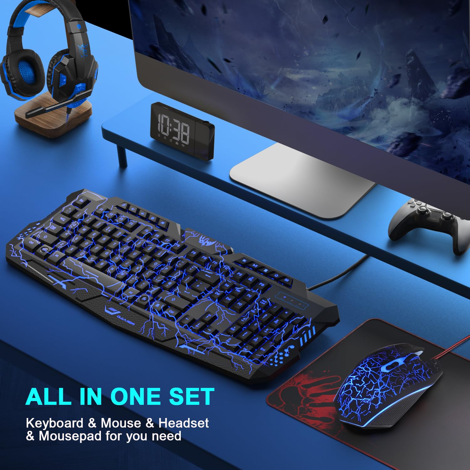 Set di tastiera e mouse da gioco con cuffie, layout UK, tastiera cablata retroilluminata crack, mouse da gioco a LED a 4 colori, cuffie over-ear, tappetino per mouse grande, pacchetto tutto
