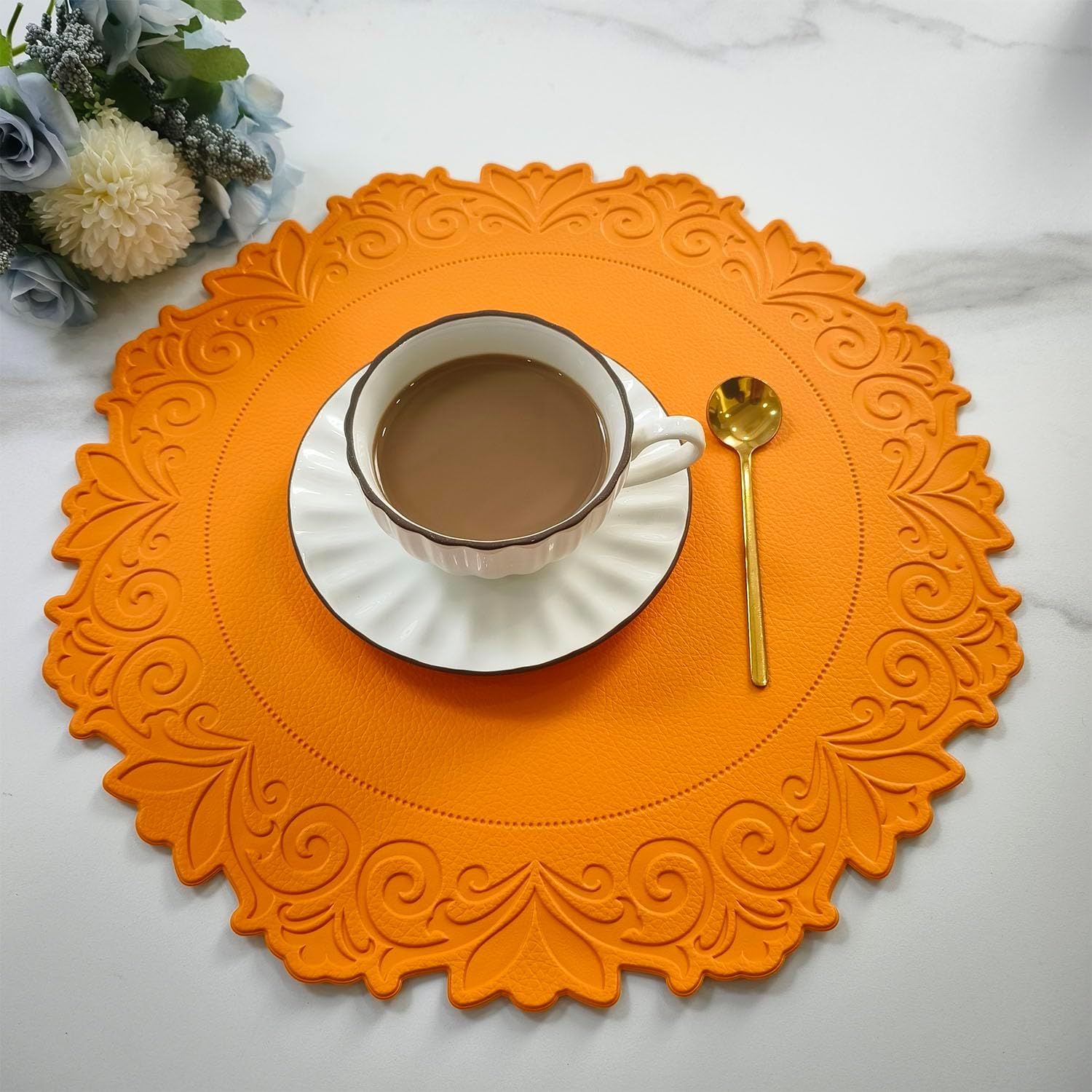Round Placemat for Dining Table Set of 6,Orange,PU Waterproof Heat Insulation Stain Resistant Non-Slip Washable Wipe Kitchen Table Mat