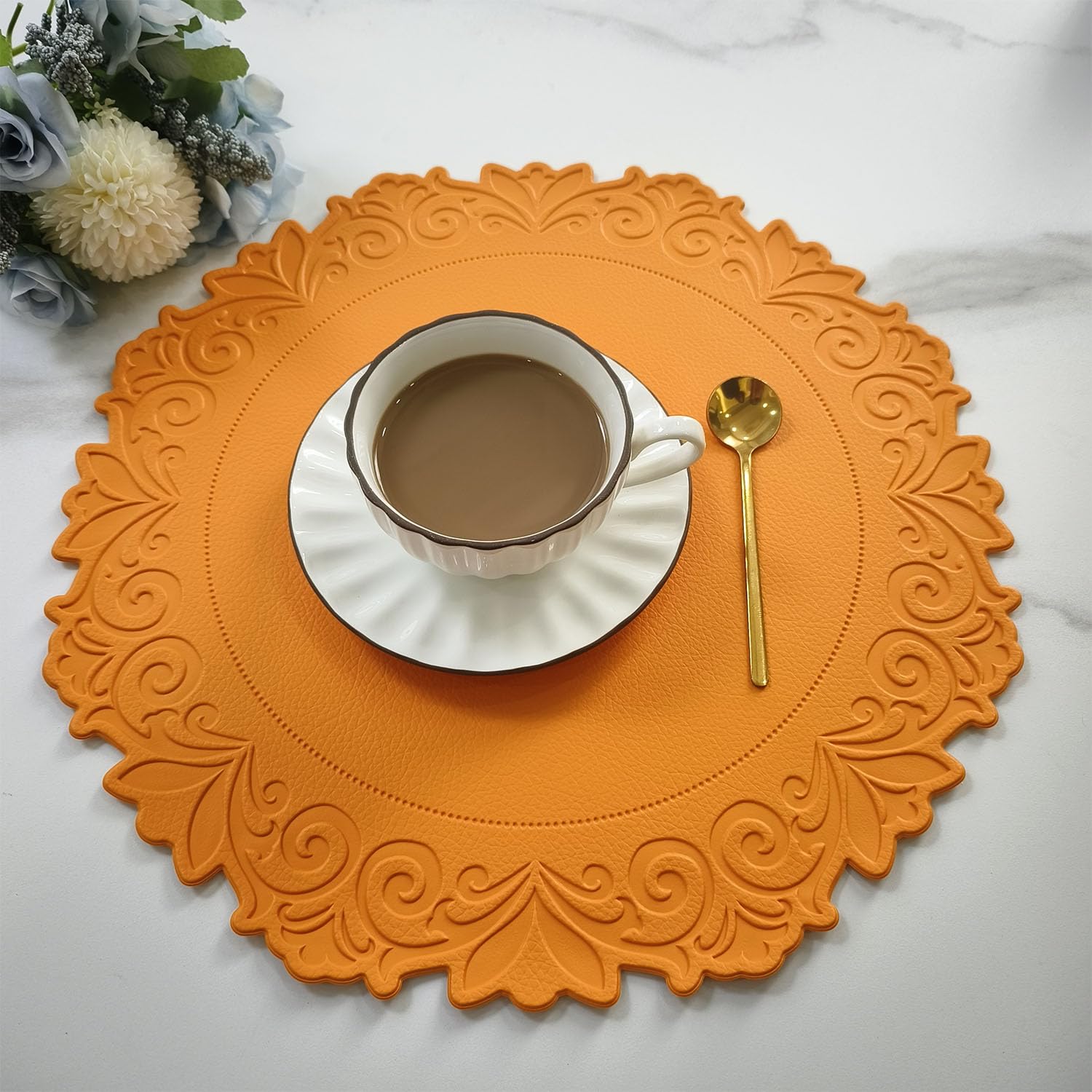 Kreatur Round Placemat for Dining Table Set of 6,Orange,PU Waterproof Heat Insulation Stain Resistant Non-Slip Washable Wipe Kitchen Table Mat