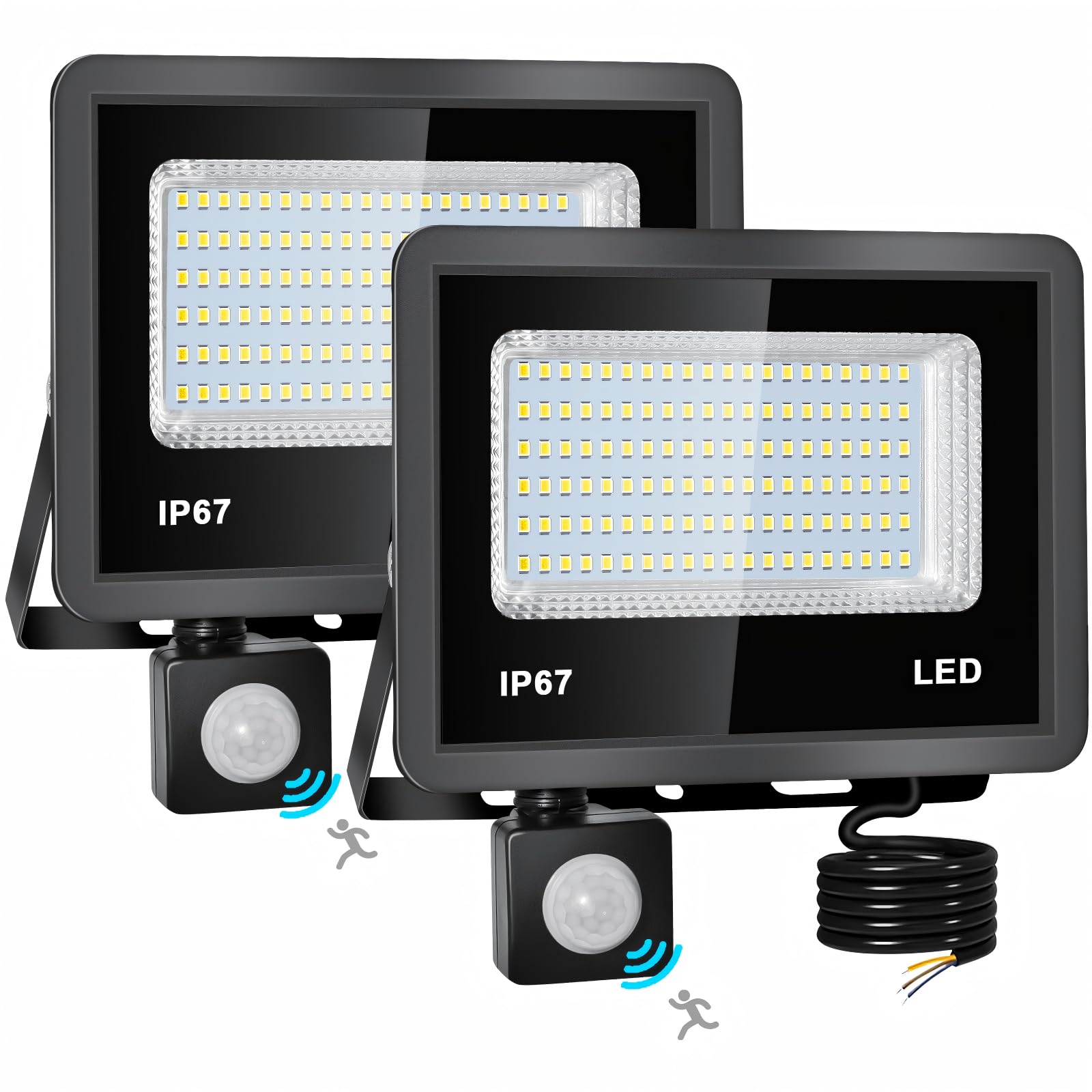 Reflektor LED 50 W z czujnikiem ruchu, do użytku na zewnątrz, 2 sztuki, 5000 lm, 6500 K, zimna biel, reflektor LED, do użytku na zewnątrz, IP67, wodoszczelny, do ogrodu, garażu, mieszkania, na