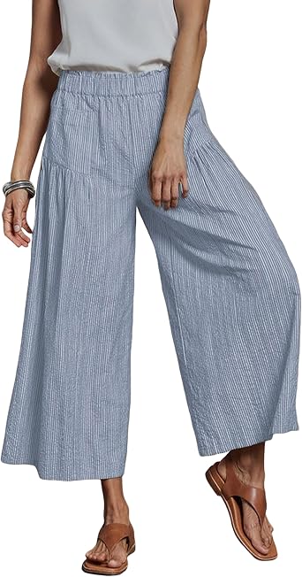 Bianstore Womens Wide Leg Palazzo Pants Casual Striped Cropped Pants Elastic Waist Trousers with Pockets