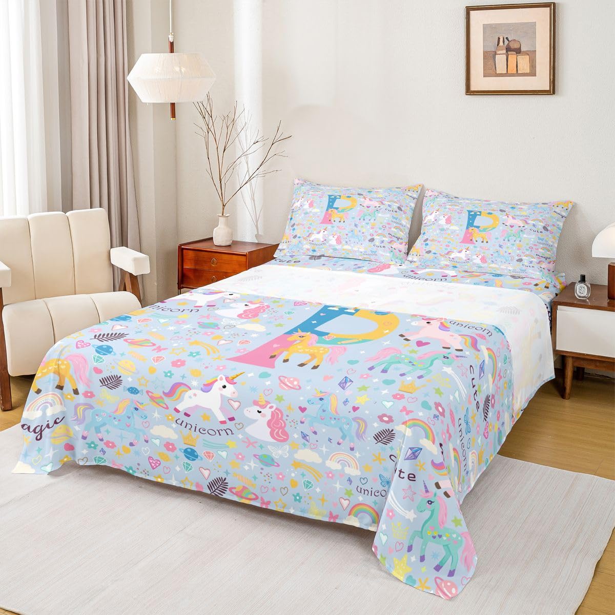 Homewish Niebieski jednorożec prześcieradła z podwójnym monogramem P jednorożec zestaw pościeli uroczy kawaii tęczowy zestaw pościeli - akwarela kwieciste dopasowane płaskie prześcieradła 4-częściowy