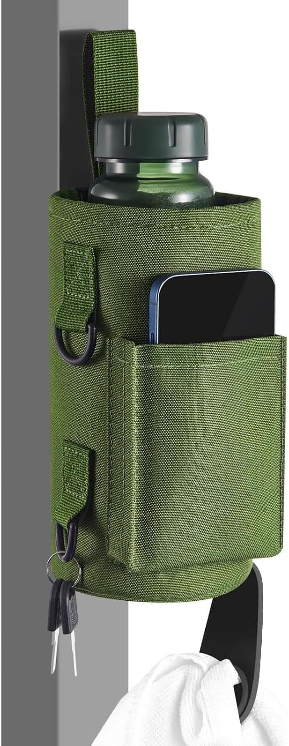 Magnetic Water Bottle Holder Gym Water Bottle Carrier Bag with Phone Pocket Water Bottle Pouch Sleeve with Silicone Towel Buckle and Sling for Men Women Gym Accessories Organizer