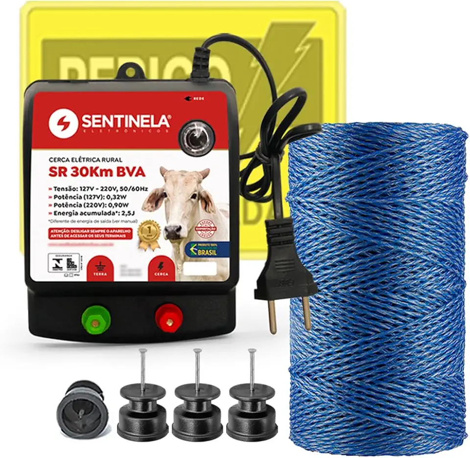 Kit Cerca Elétrica Rural Eletrificador Sentinela + Fio 250m + Isolador (Fio Trançado)