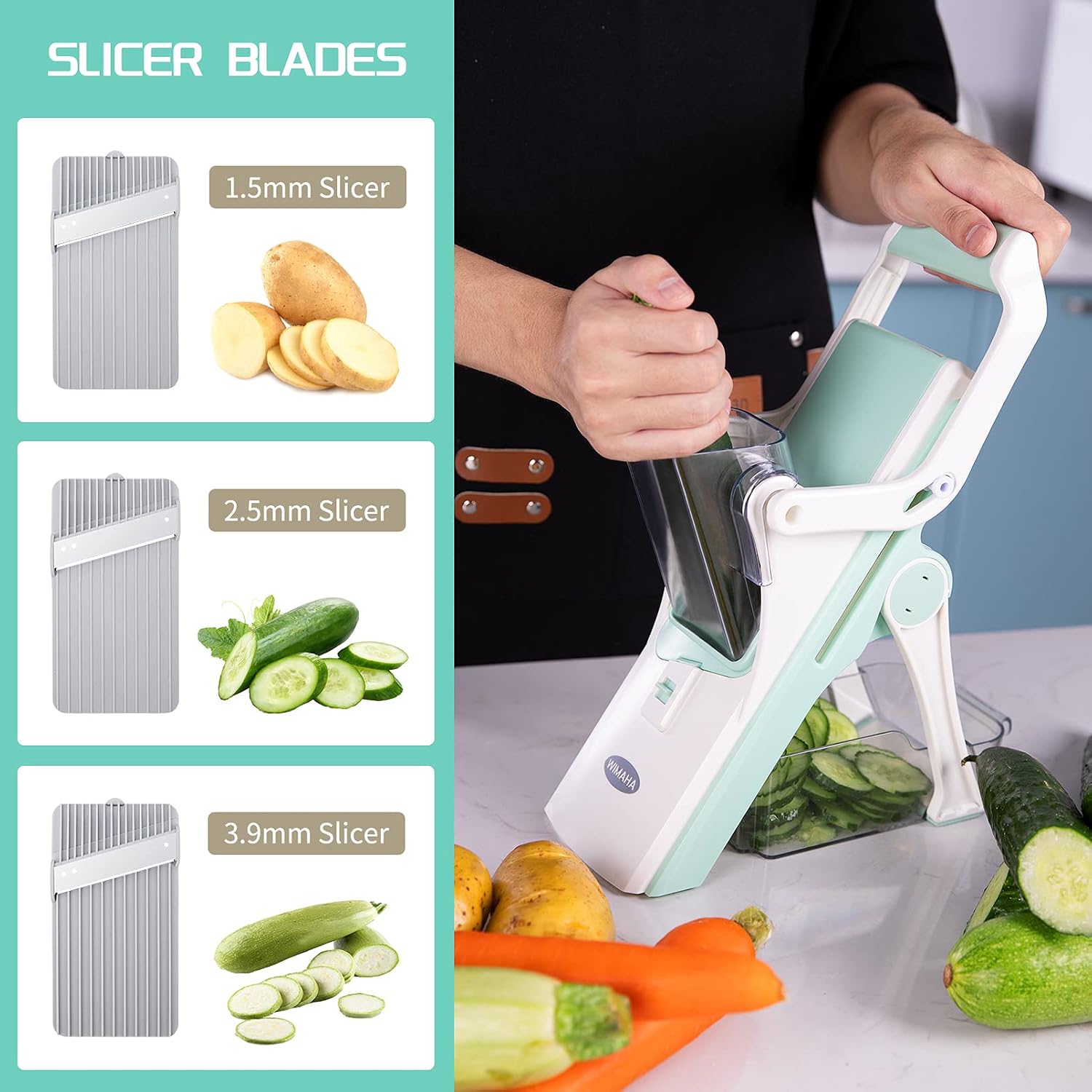 Wimaha Mandoline Slicer Vegetable Cutter & Julienne, Safe Food Julienne + Slicer for Veggie/Potato/Onion/Tomato/Meat, Adjustable Thickness Grater & Slicer for Kitchen, view 2