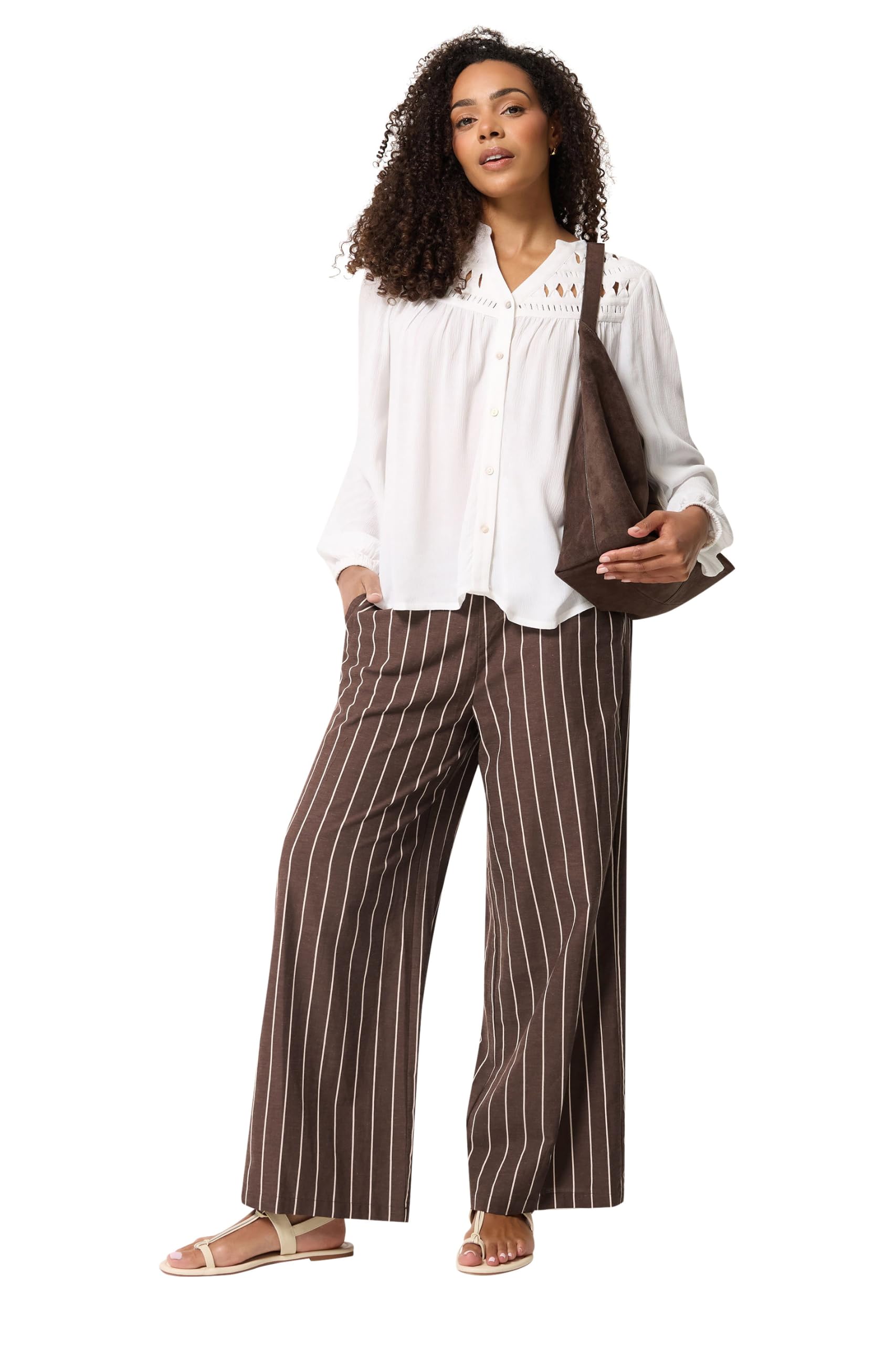 M&Co Women's Stripe Wide Leg Trousers in Chocolate | Size: 12S