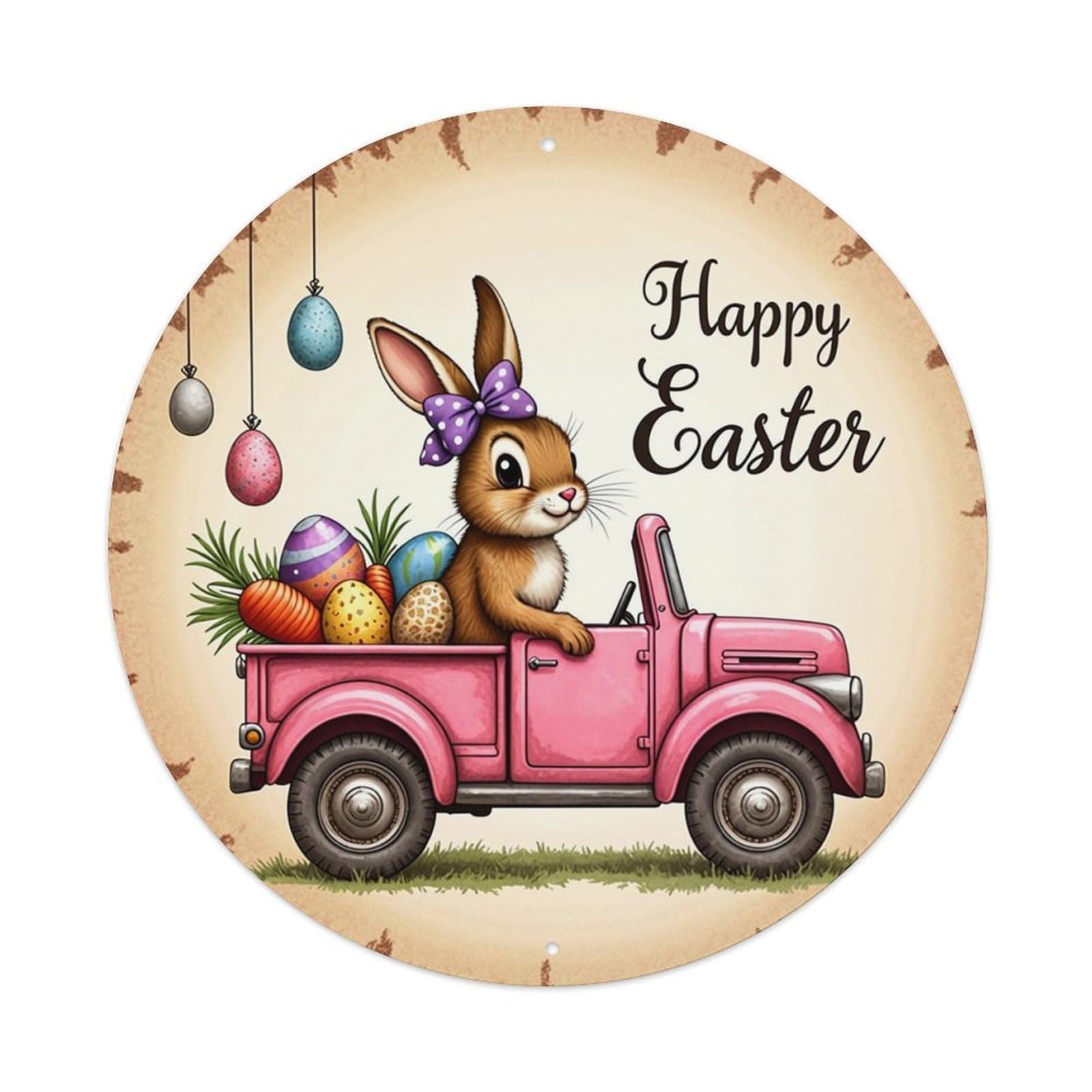 Easter Bunny Truck Eggs Decor Tin Sign Metal Poster Vintage Metal Signs for Home Man Cave Bar Cafe Kitchen laundry room Wall Decorations Gift 8x8Inch