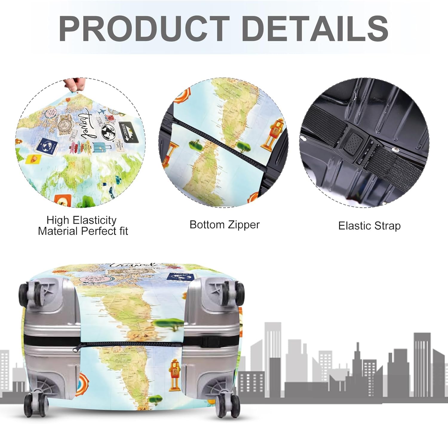 ANNA QUEEN Travel Collage Luggage Cover, World Map & Sticker Style Suitcase Protector for 32-34 Inch Travel Bags