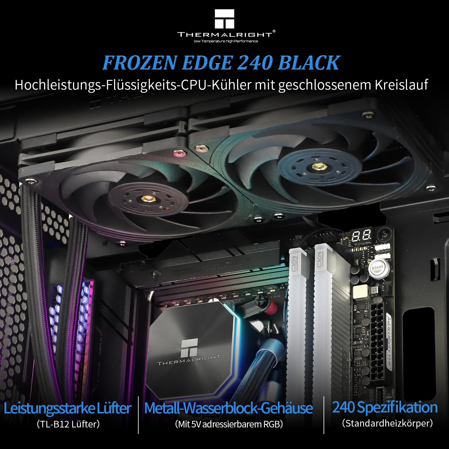 TR Frozen Edge 240 wentylator chłodzący do procesora, wentylator PWM, prędkość pompy 3300 obr./min, łożysko S-FDB do AMD AM4/AM5, Intel LGA1150/1155/1200/1700/2011 (FE240 czarny)