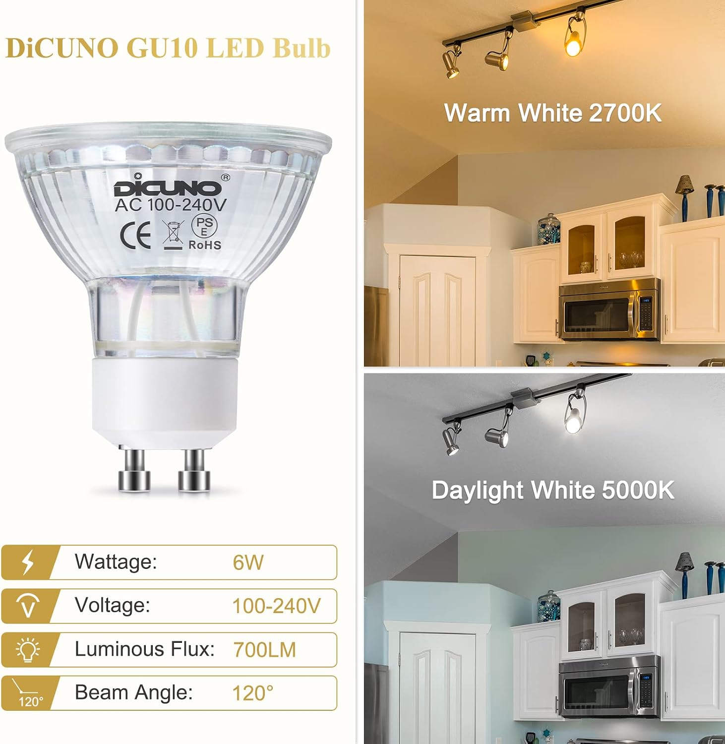 DiCUNO GU10 LED Light Bulbs, 6W 60W Halogen Equivalent, Non-dimmable, Warm White 2700K, 700lm, 120° Beam Angle, 120V, MR16 Bulb Spotlight Track Lighting, 6-Pack